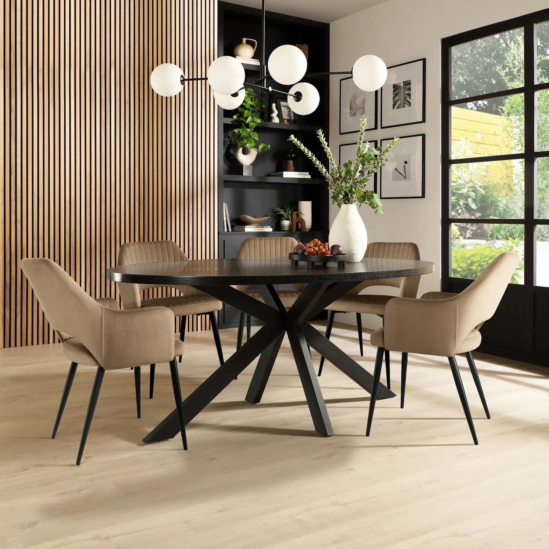 Madison Oval Dining Table & 6 Clara Chairs, Black Oak Effect & Black Steel, Beige Classic Velvet, 180cm