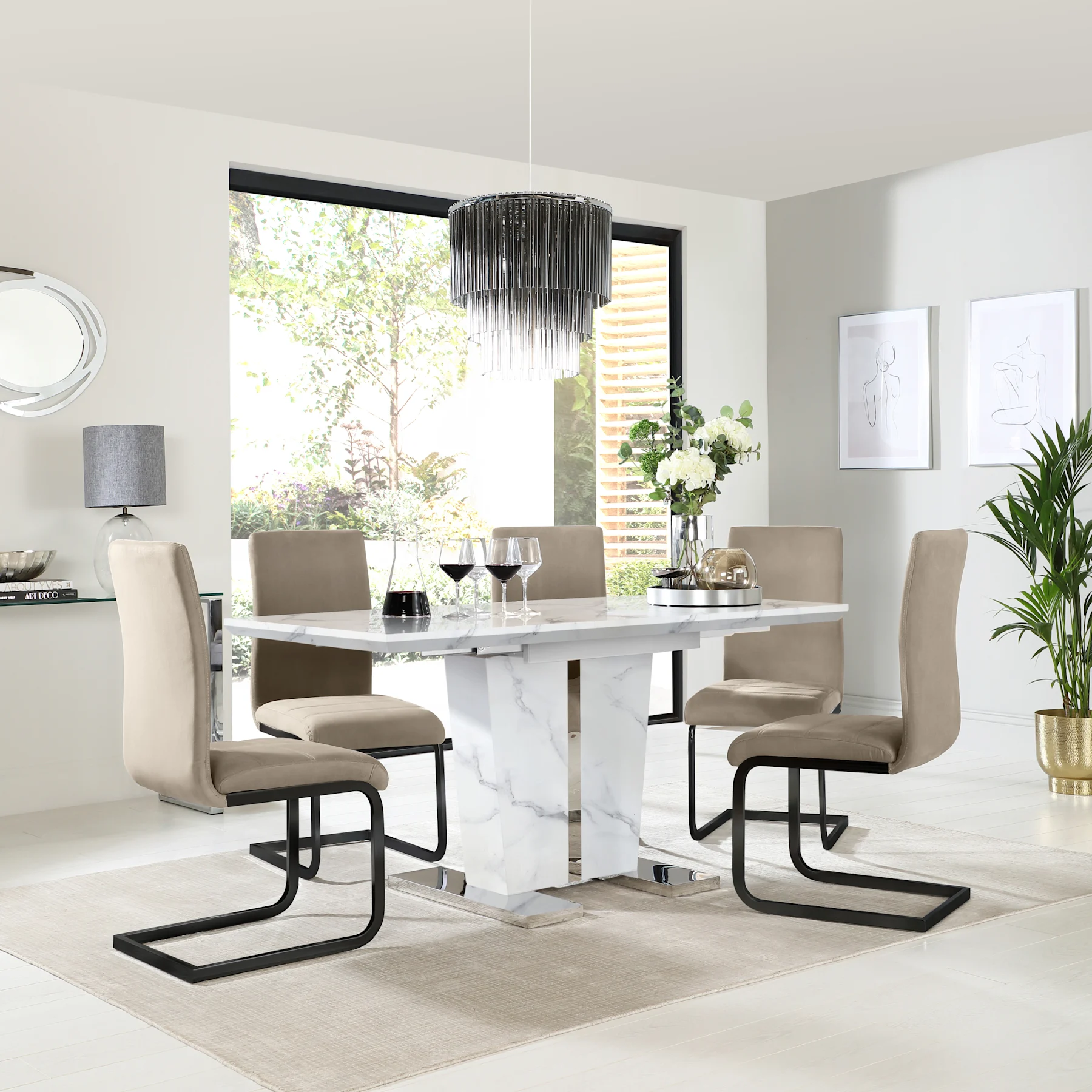Vienna Extending Dining Table & 6 Perth Chairs, White Marble Effect, Champagne Classic Velvet & Black Steel, 120-160cm