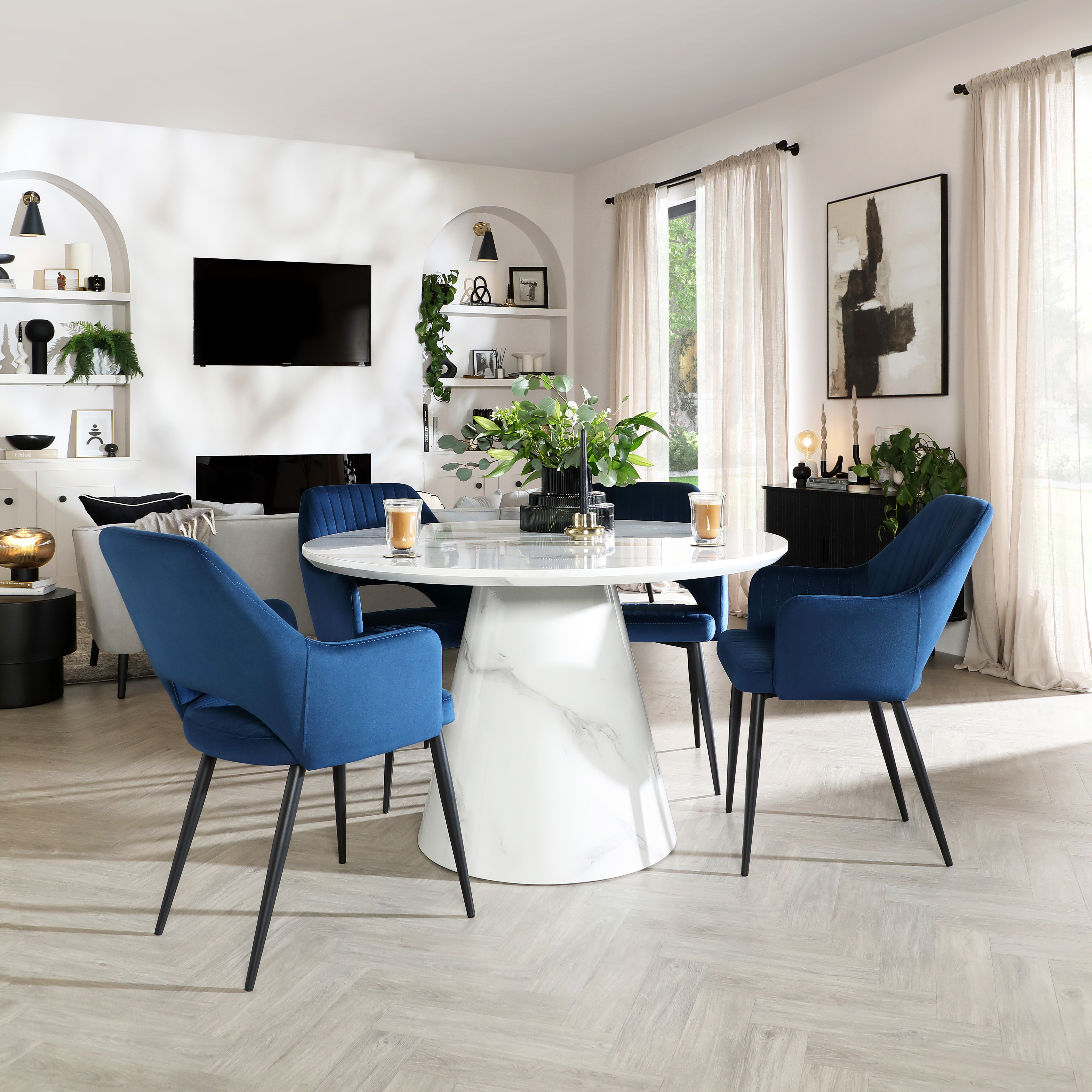 Accorto Round Dining Table Clara Chairs, White Marble Effect