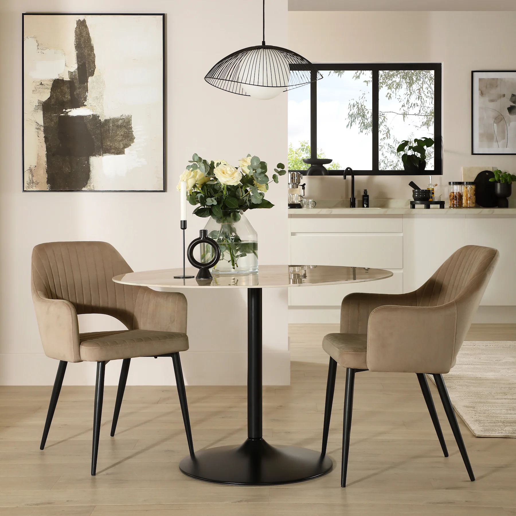 Orbit Round Dining Table & 2 Clara Chairs, Beige Marble Effect & Black Steel, Beige Classic Velvet, 110cm