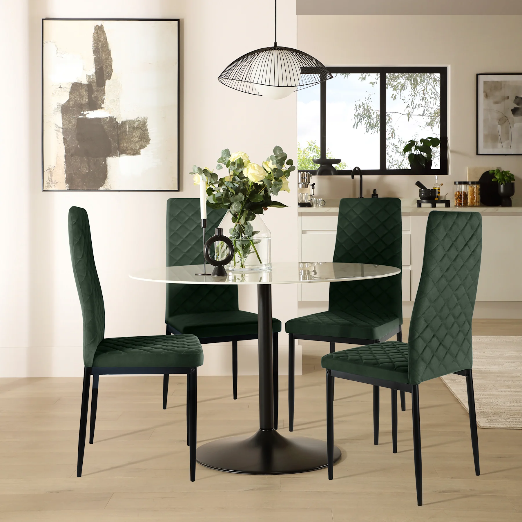 Orbit Round Dining Table & 4 Renzo  Chairs, White Marble Effect & Black Steel, Moss Green Classic Velvet, 150cm