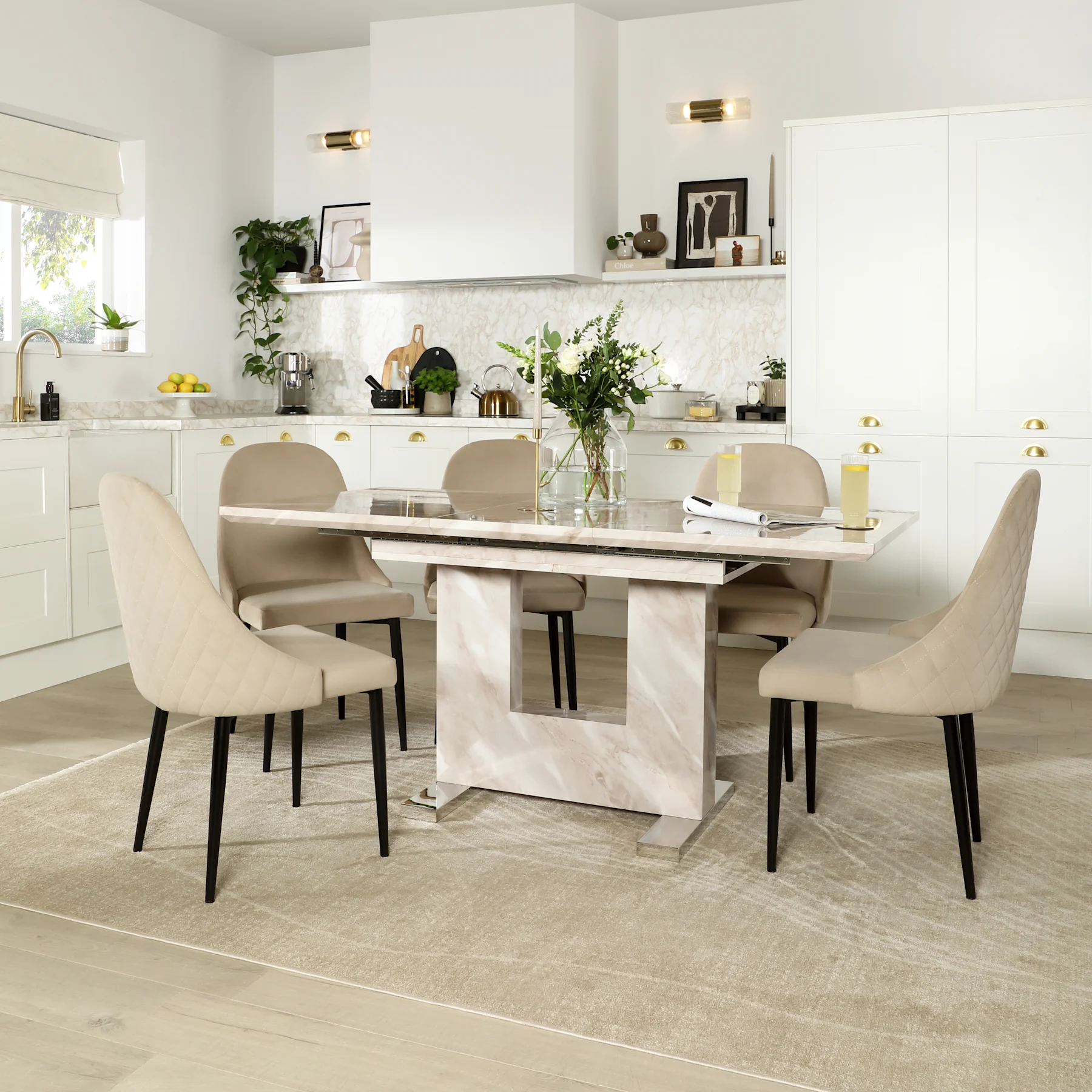 Florence Extending Dining Table & 4 Ricco Chairs, Beige Marble Effect, Champagne Classic Velvet & Black Steel, 120-160cm
