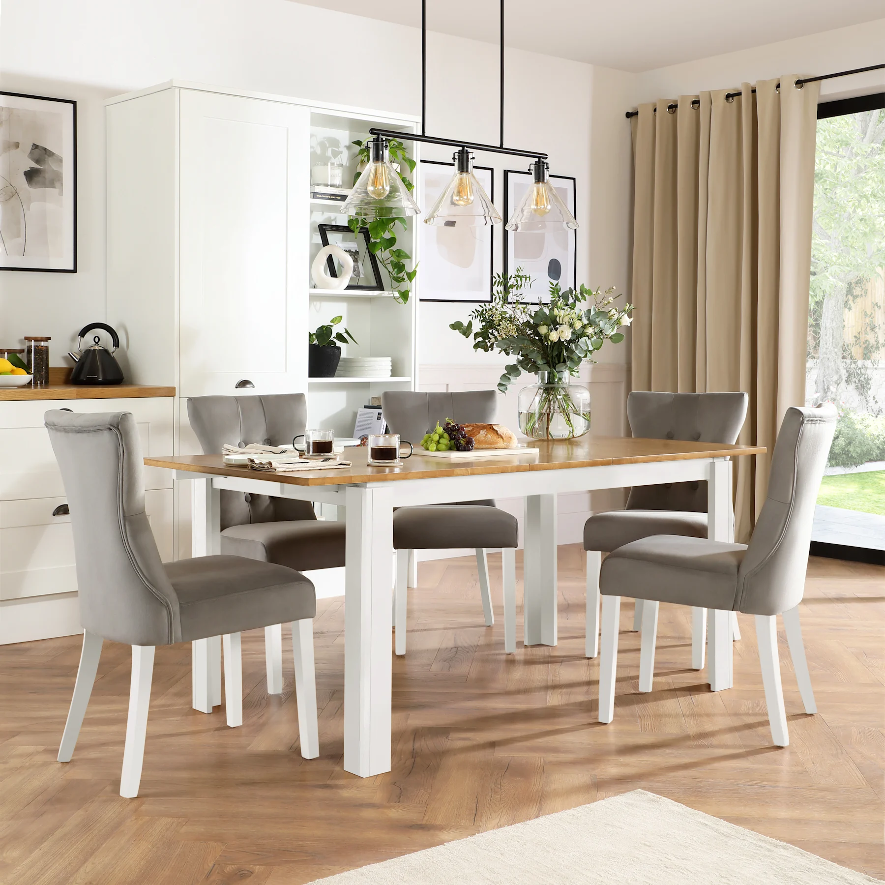 Bali Extending Dining Table & 6 Bewley Chairs, Natural Oak Finish & White Solid Hardwood, Grey Classic Velvet, 150-180cm