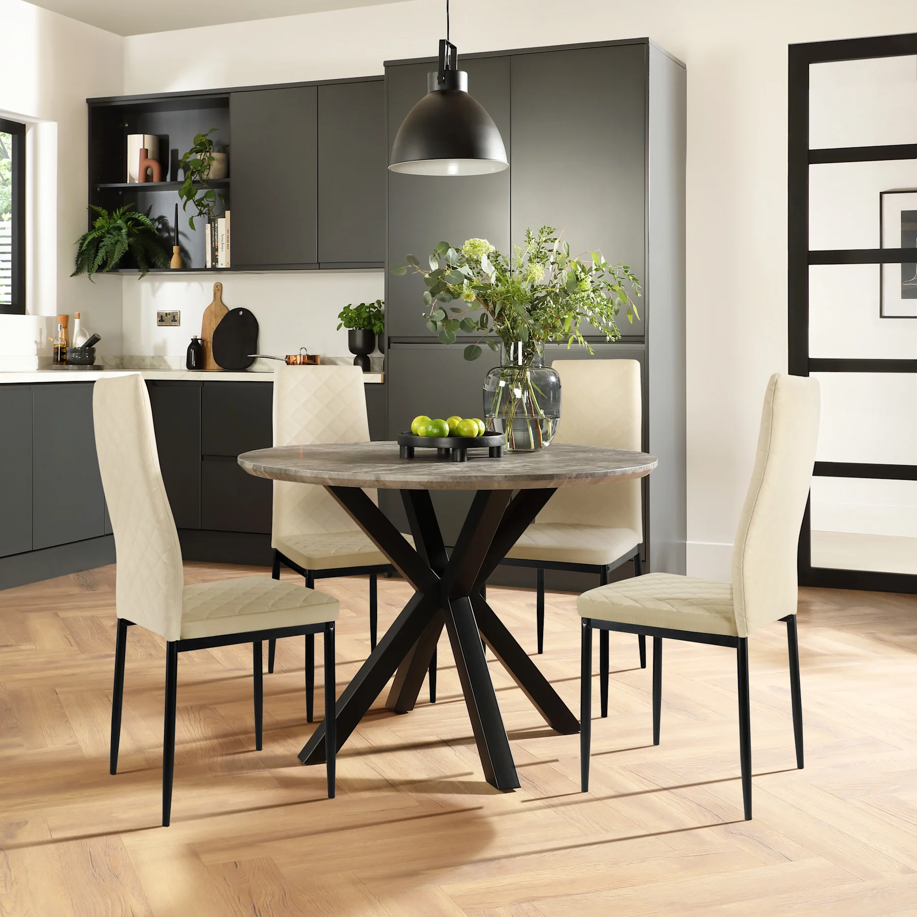 Newark Round Industrial Dining Table & 2 Renzo  Chairs, Grey Concrete Effect & Black Steel, Ivory Classic Plush Fabric, 150cm