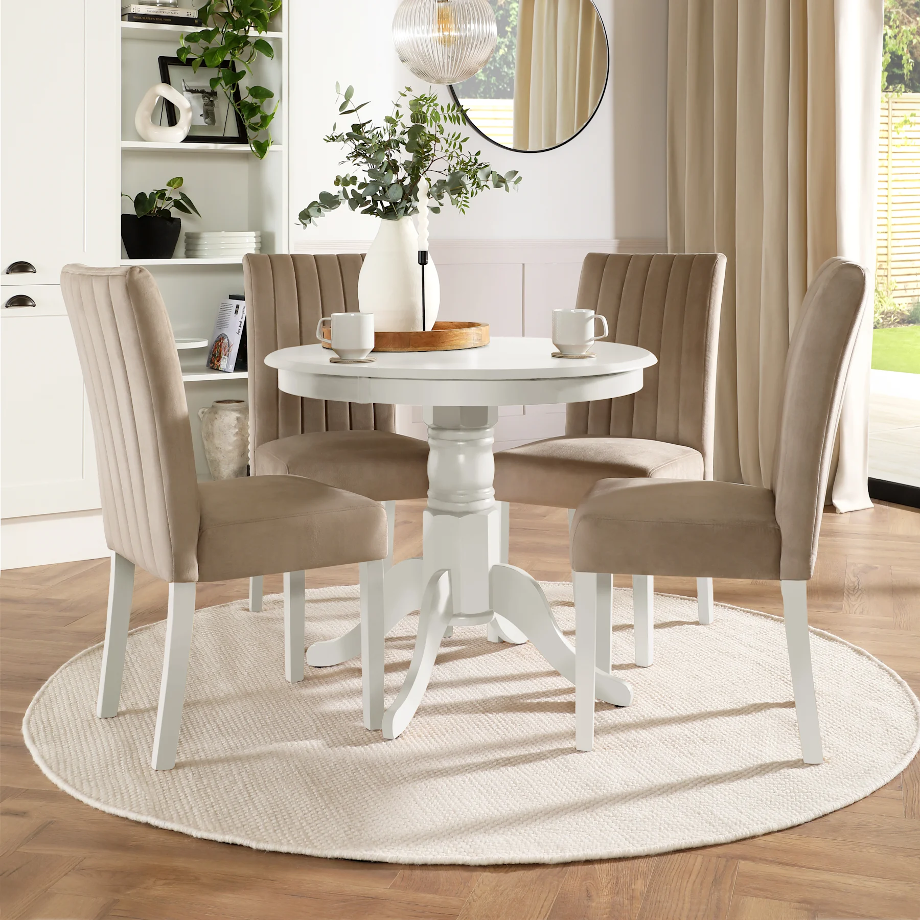 Kingston Round Dining Table & 4 Salisbury Chairs, White Wood, Champagne Classic Velvet, 90cm