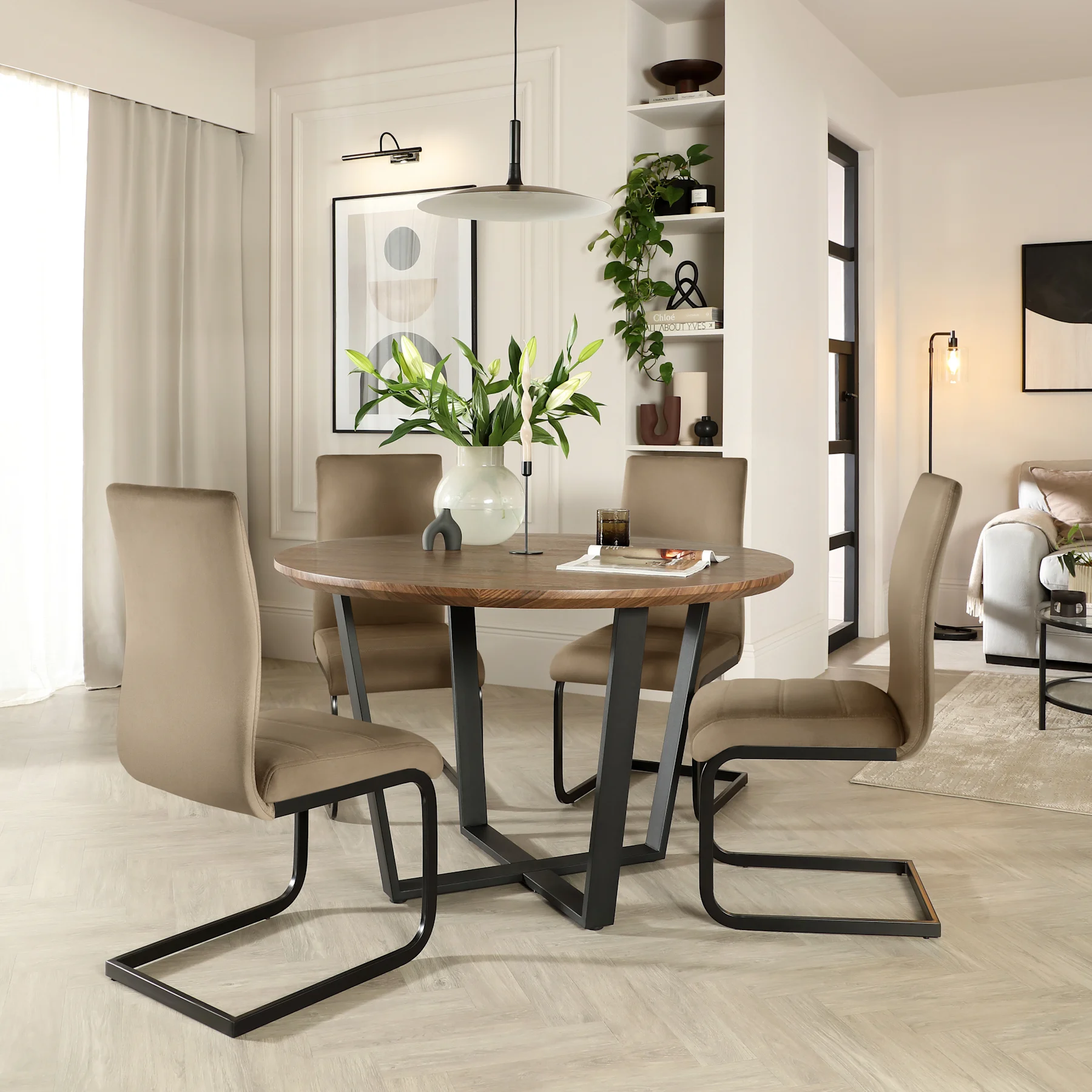 Traviso Round Industrial Dining Table & 4 Perth Chairs, Walnut Effect & Black Steel, Beige Classic Velvet, 120cm