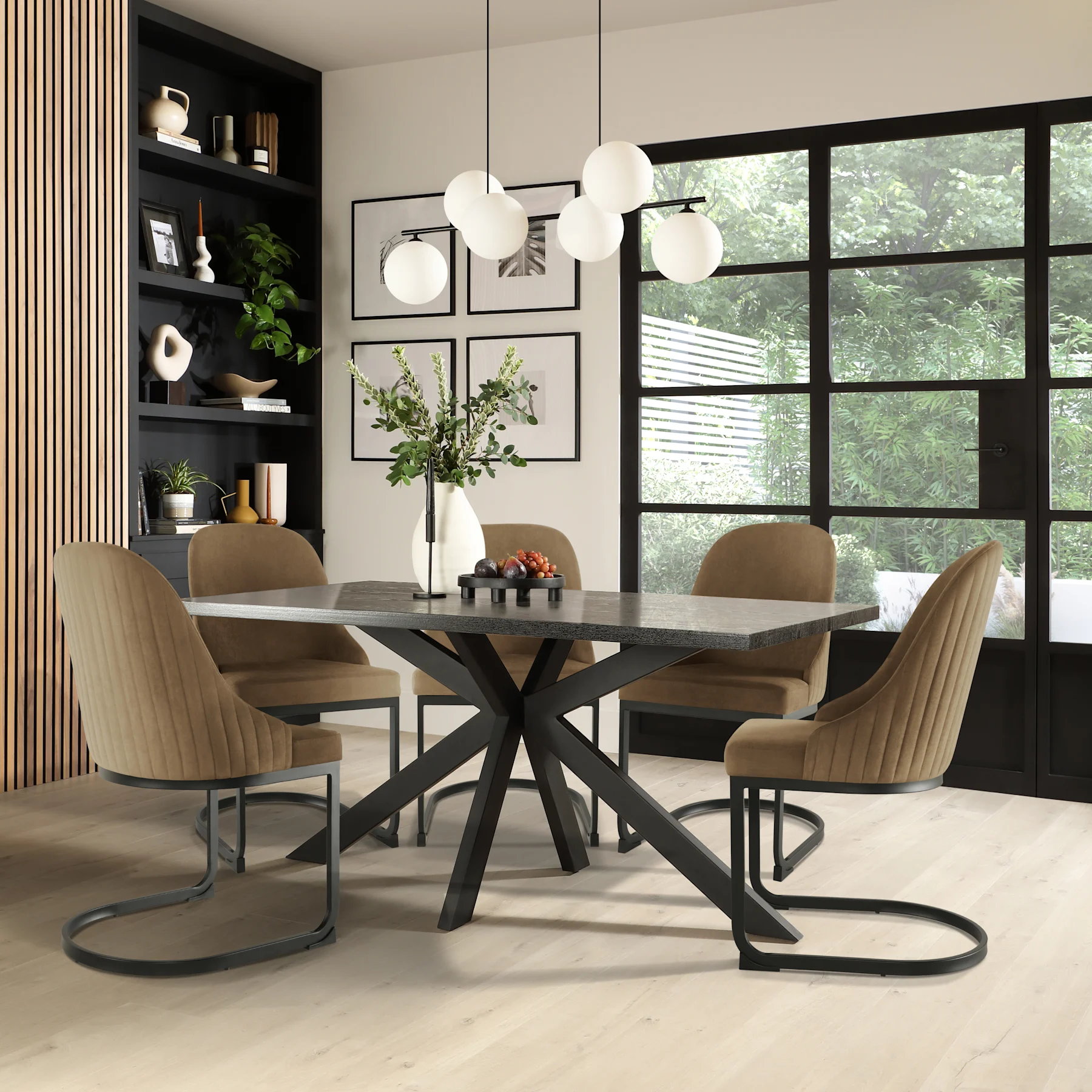 Madison Dining Table & 6 Riva Chairs, Black Oak Effect & Black Steel, Beige Classic Velvet, 160cm