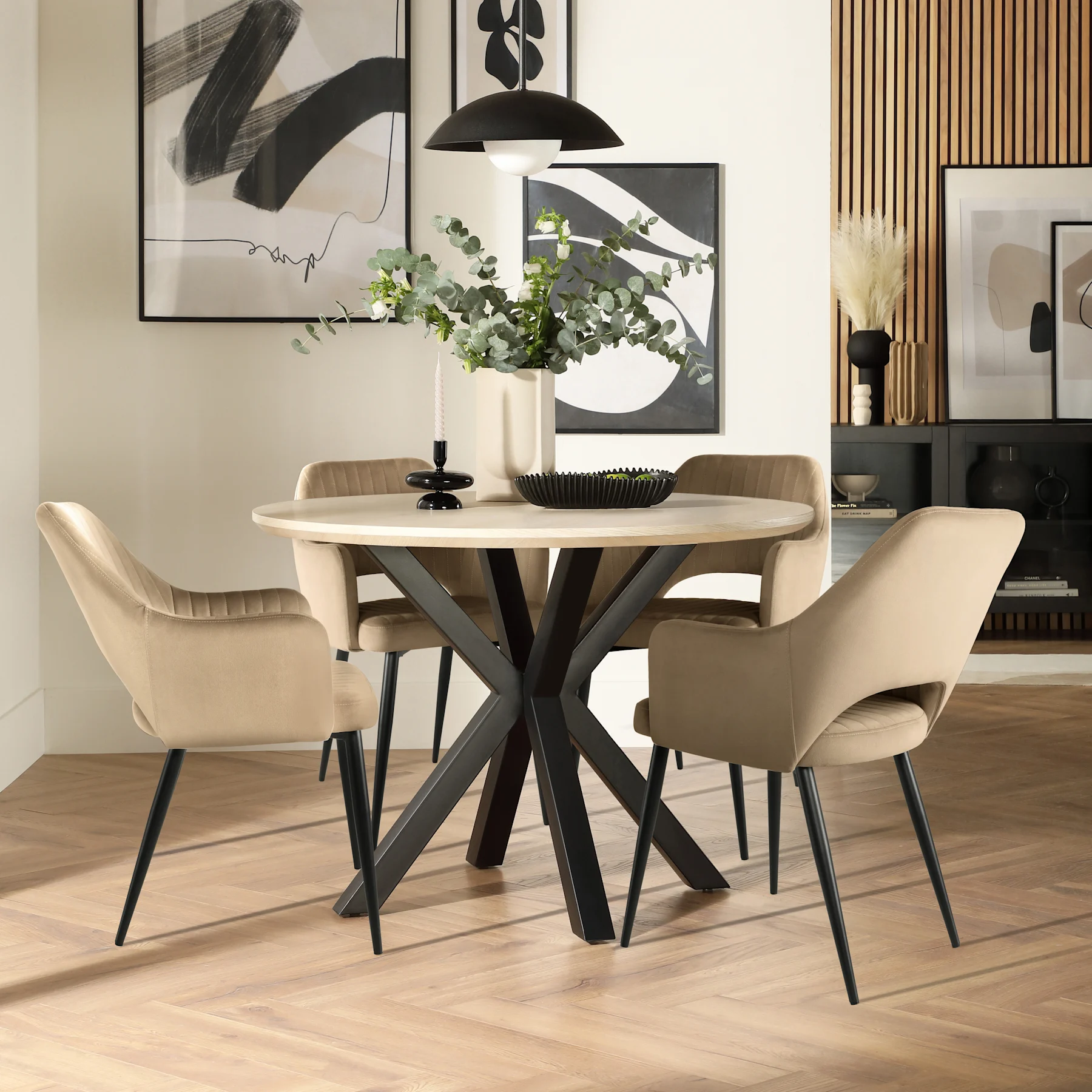 Newark Round Dining Table & 4 Clara Chairs, Light Oak Effect & Black Steel, Beige Classic Velvet, 110cm