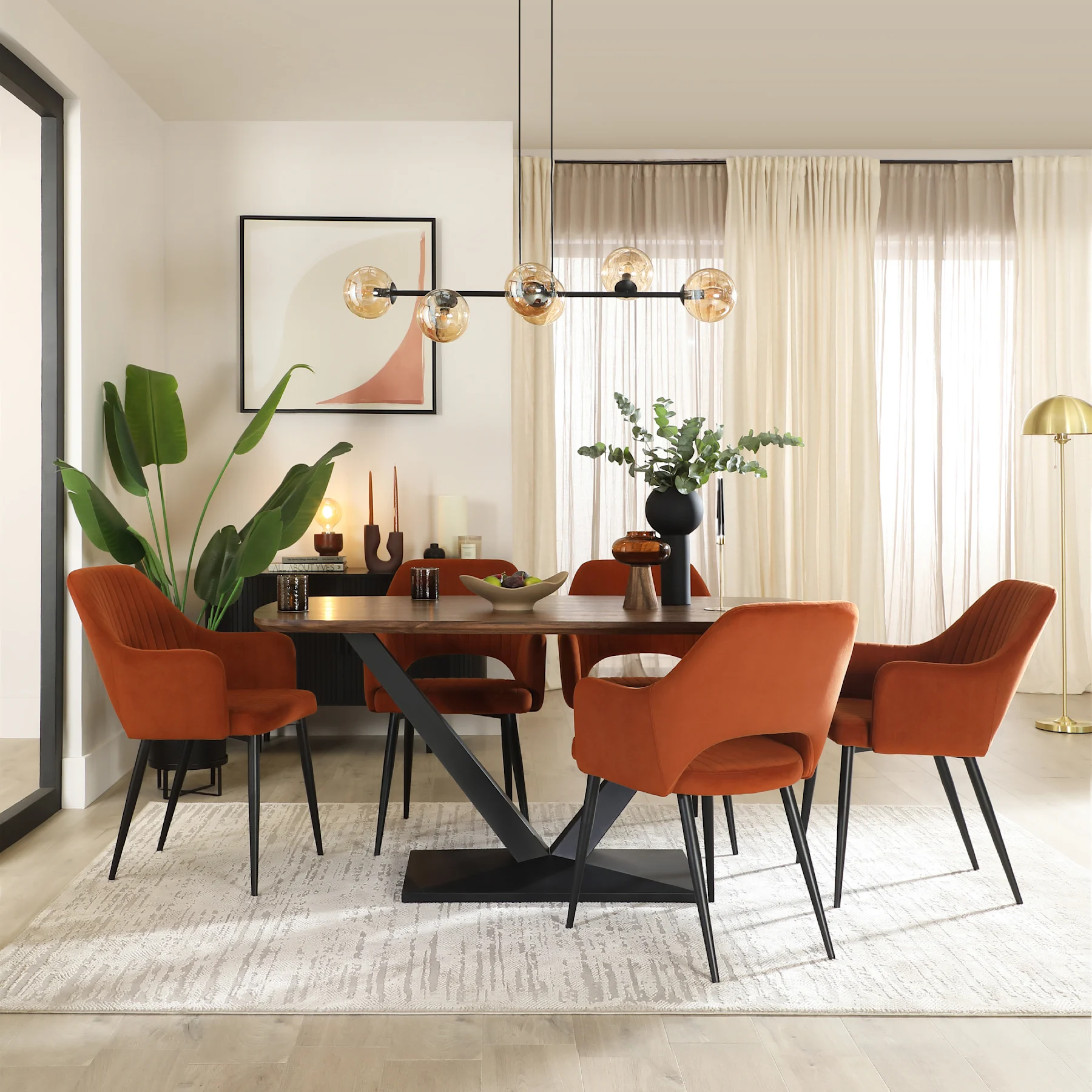 Avanta Dining Table & 4 Clara Dining Chairs, Walnut Effect & Black Steel, Burnt Orange Classic Velvet, 160cm
