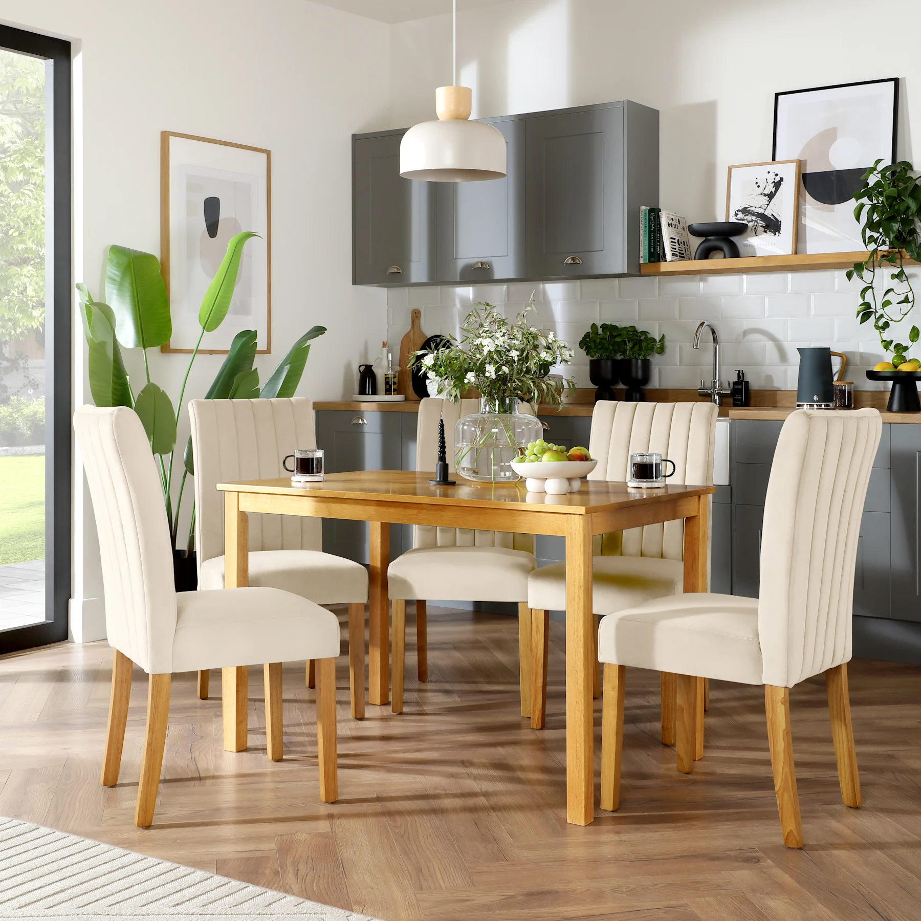 Milton Dining Table & 4 Salisbury Chairs, Natural Oak Finished Solid Hardwood, Ivory Classic Plush Fabric, 120cm