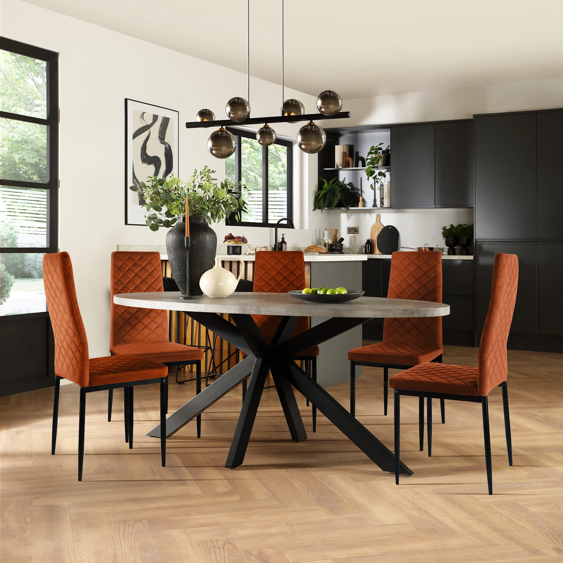 Madison Oval Industrial Dining Table & 4 Renzo  Chairs, Grey Concrete Effect & Black Steel, Burnt Orange Classic Velvet, 150cm