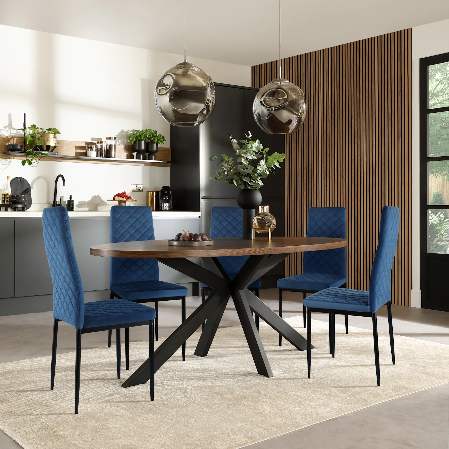 Madison Oval Industrial Dining Table & 4 Renzo  Chairs, Walnut Effect & Black Steel, Blue Classic Velvet, 150cm