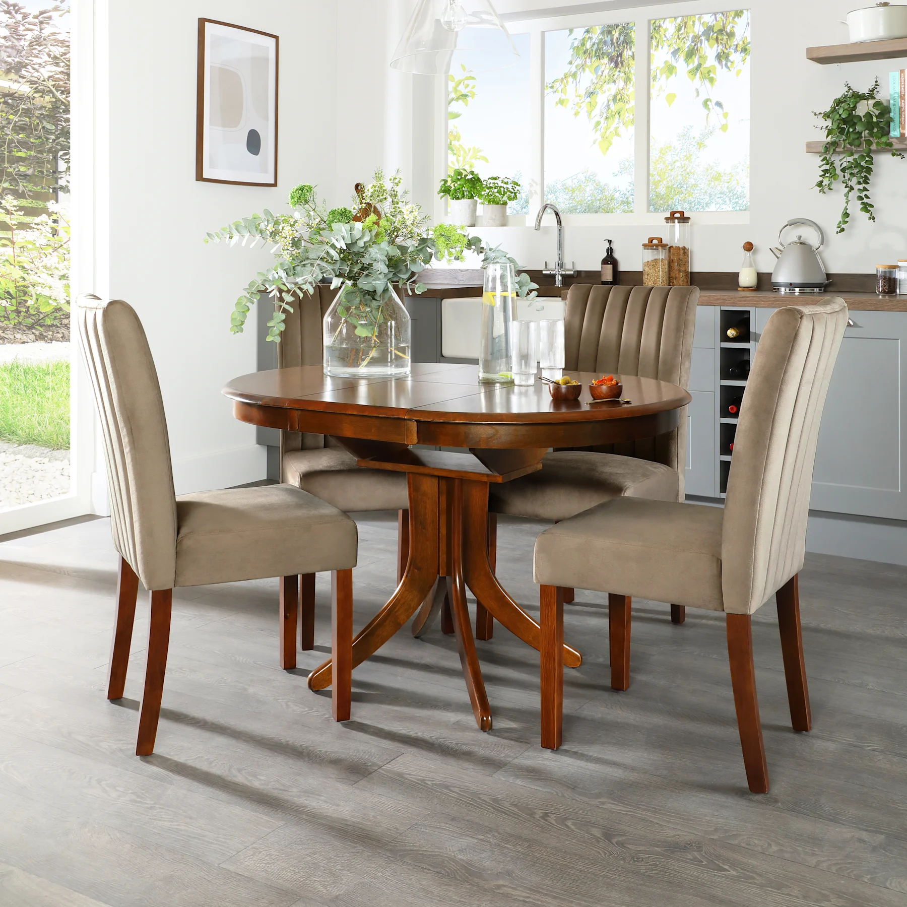 Hudson Round Extending Dining Table & 6 Salisbury Chairs, Dark Solid Hardwood, Beige Classic Velvet, 90-120cm