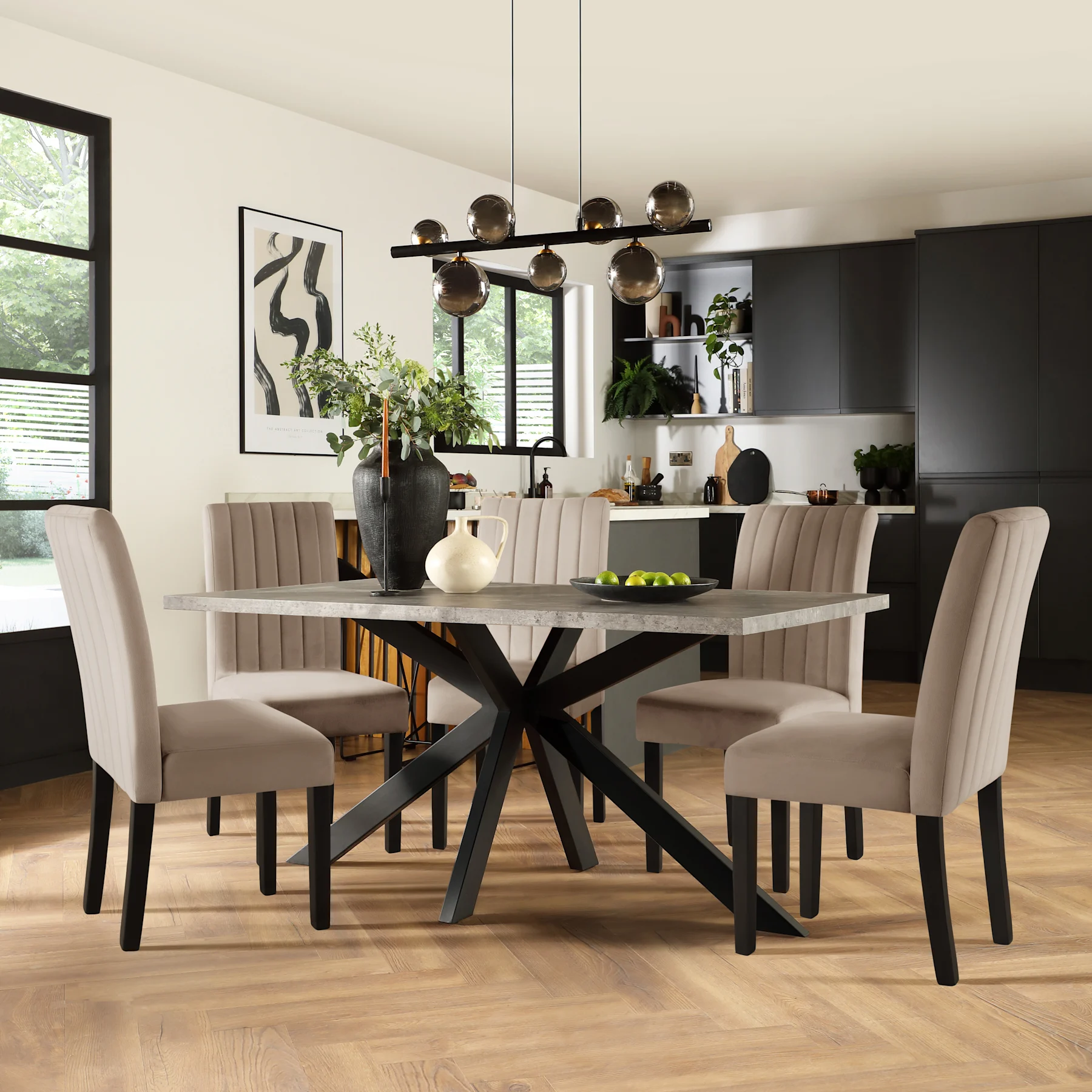 Madison Industrial Dining Table & 6 Salisbury Chairs, Grey Concrete Effect & Black Steel, Beige Classic Plush Fabric & Black Solid Hardwood, 160cm