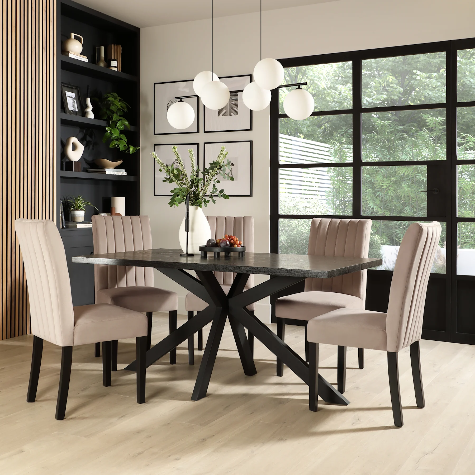 Madison Dining Table & 4 Salisbury Chairs, Black Oak Effect & Black Steel, Beige Classic Plush Fabric & Black Solid Hardwood, 160cm