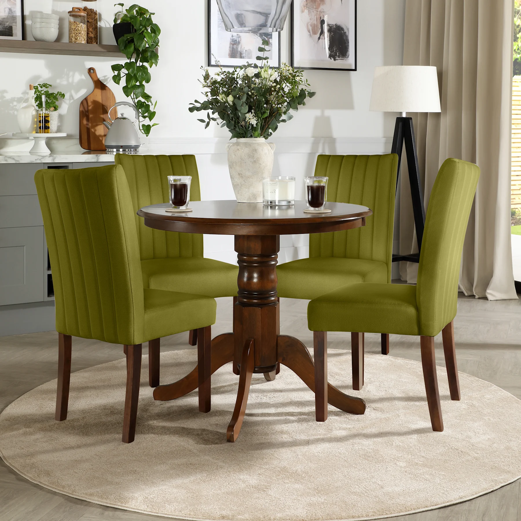 Kingston Round Dining Table & 4 Salisbury Chairs, Dark Solid Hardwood, Olive Green Classic Velvet, 90cm