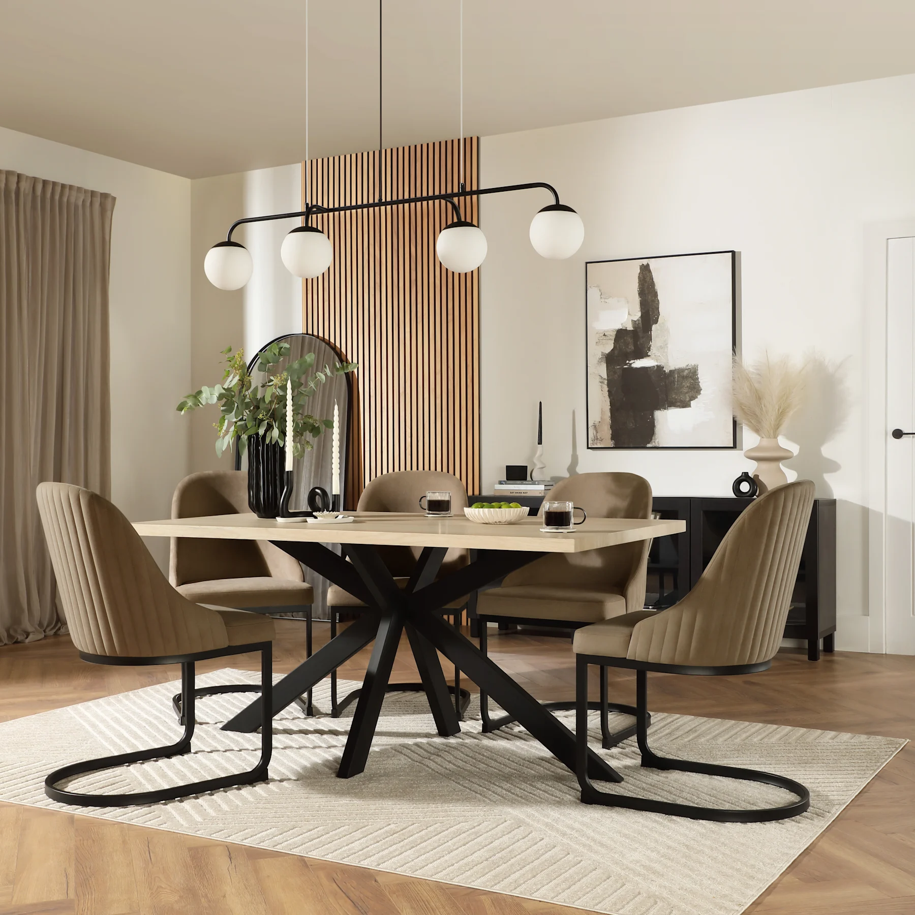 Madison Dining Table & 6 Riva Chairs, Light Oak Effect & Black Steel, Beige Classic Velvet, 160cm