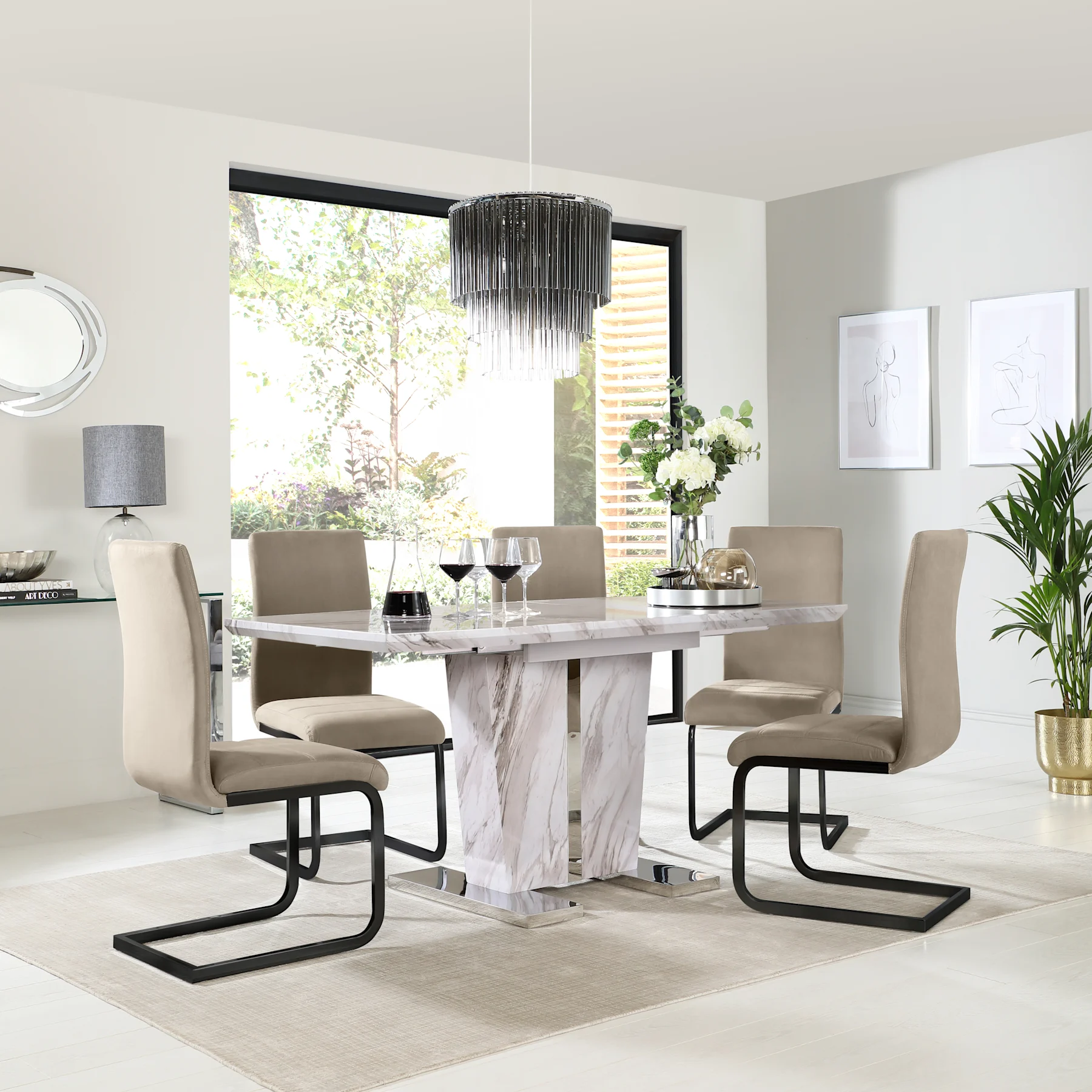 Vienna Extending Dining Table & 6 Perth Chairs, Grey Marble Effect, Champagne Classic Velvet & Black Steel, 120-160cm