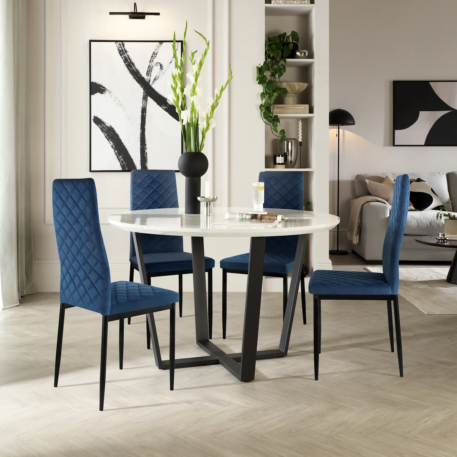 Traviso Round Dining Table & 4 Renzo Chairs, White Marble Effect & Black Steel, Blue Classic Velvet, 120cm