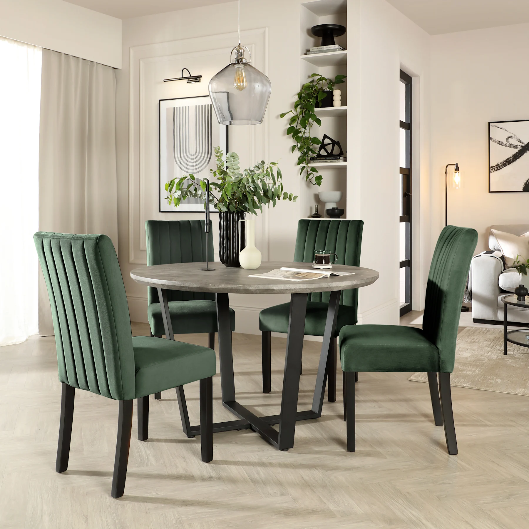 Traviso Round Dining Table & 4 Salisbury Chairs, Industrial Concrete Effect & Black Steel, Moss Green Classic Velvet & Black Solid Hardwood, 120cm