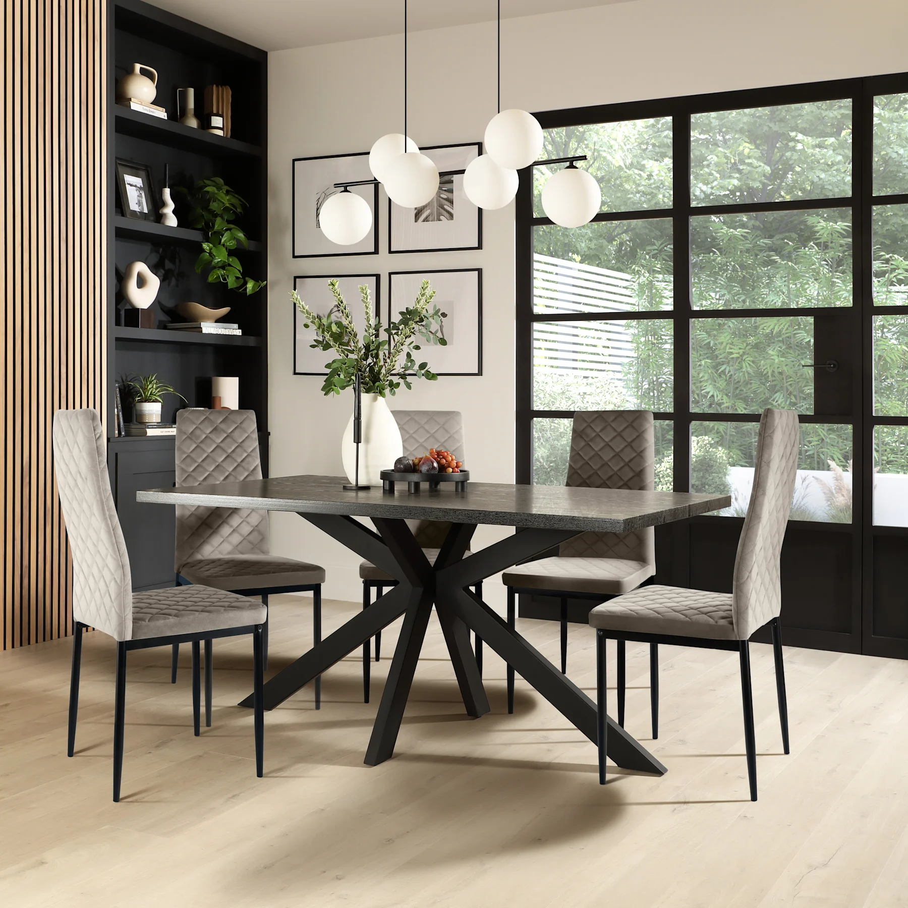 Madison Dining Table & 4 Renzo  Chairs, Black Oak Effect & Black Steel, Grey Classic Velvet, 150cm