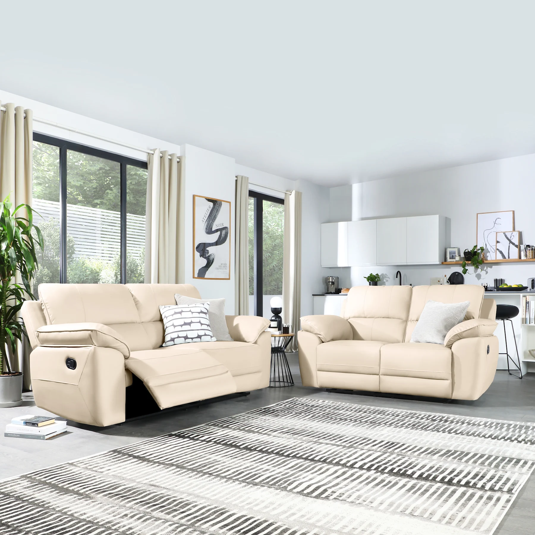 Seville 3+2 Seater Recliner Sofa Set, Ivory Premium Faux Leather