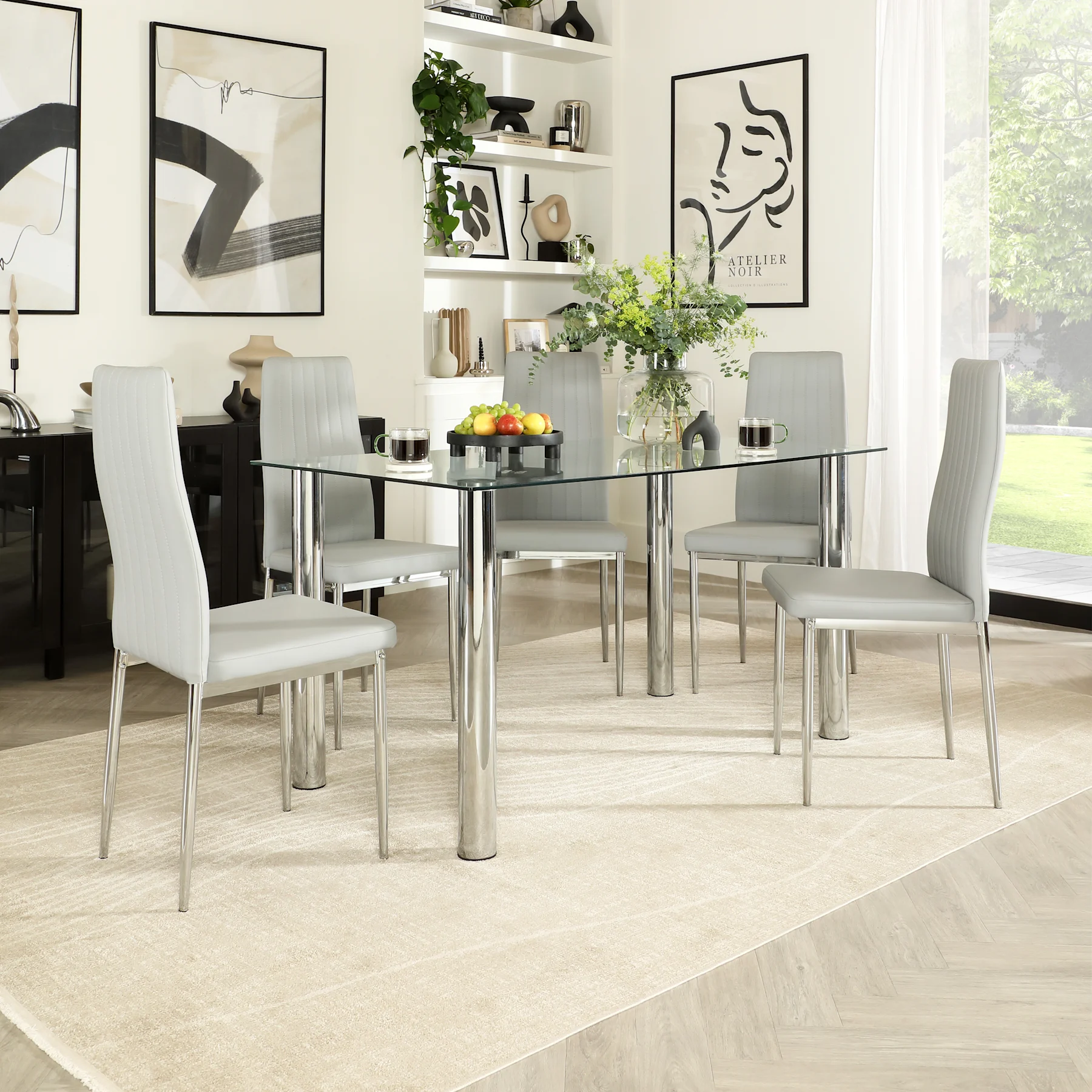 Lunar Dining Table & 6 Leon Chairs, Glass & Chrome, Light Grey Premium Faux Leather, 140cm