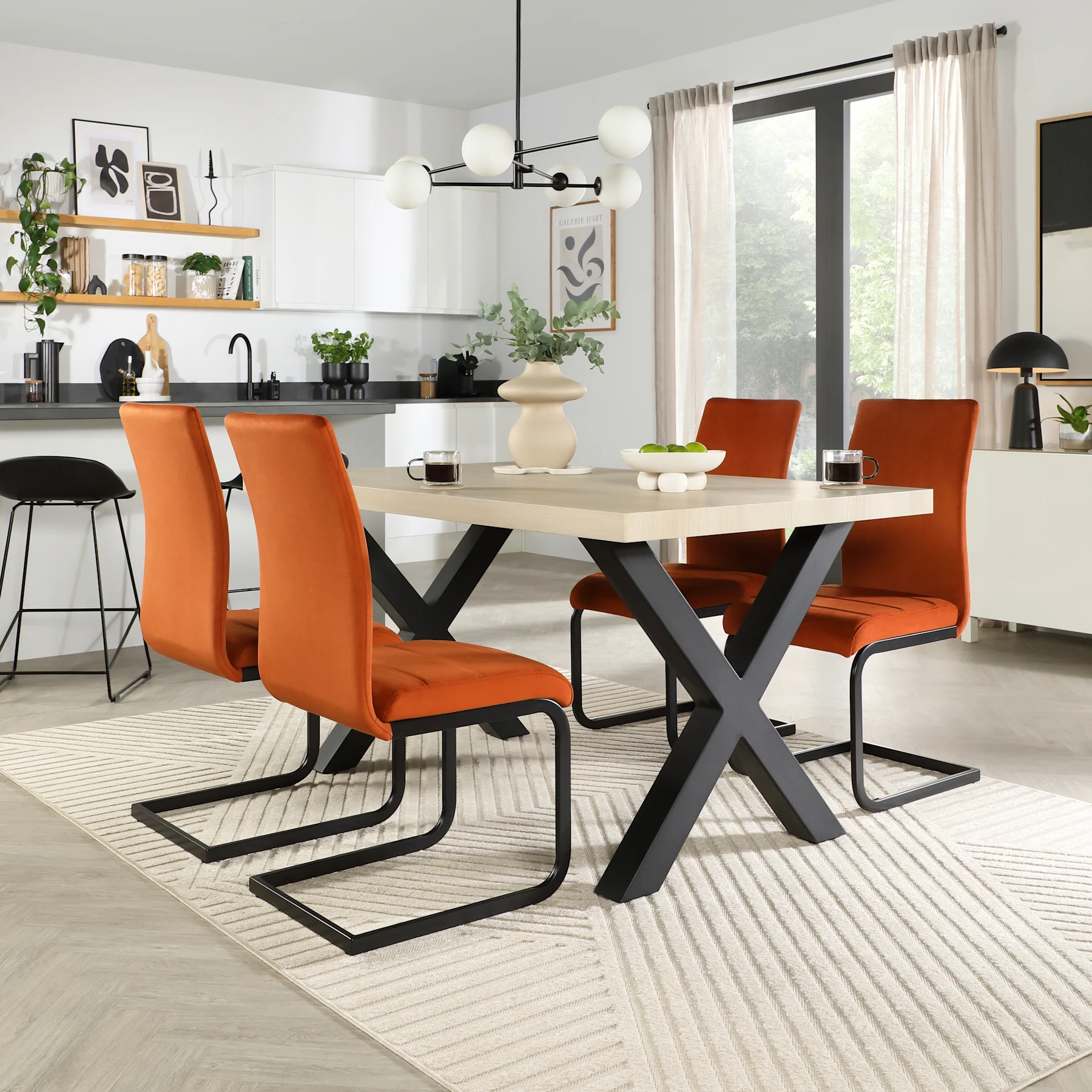 Franklin Dining Table & 4 Perth Chairs, Light Oak Effect & Black Steel, Burnt Orange Classic Velvet, 150cm