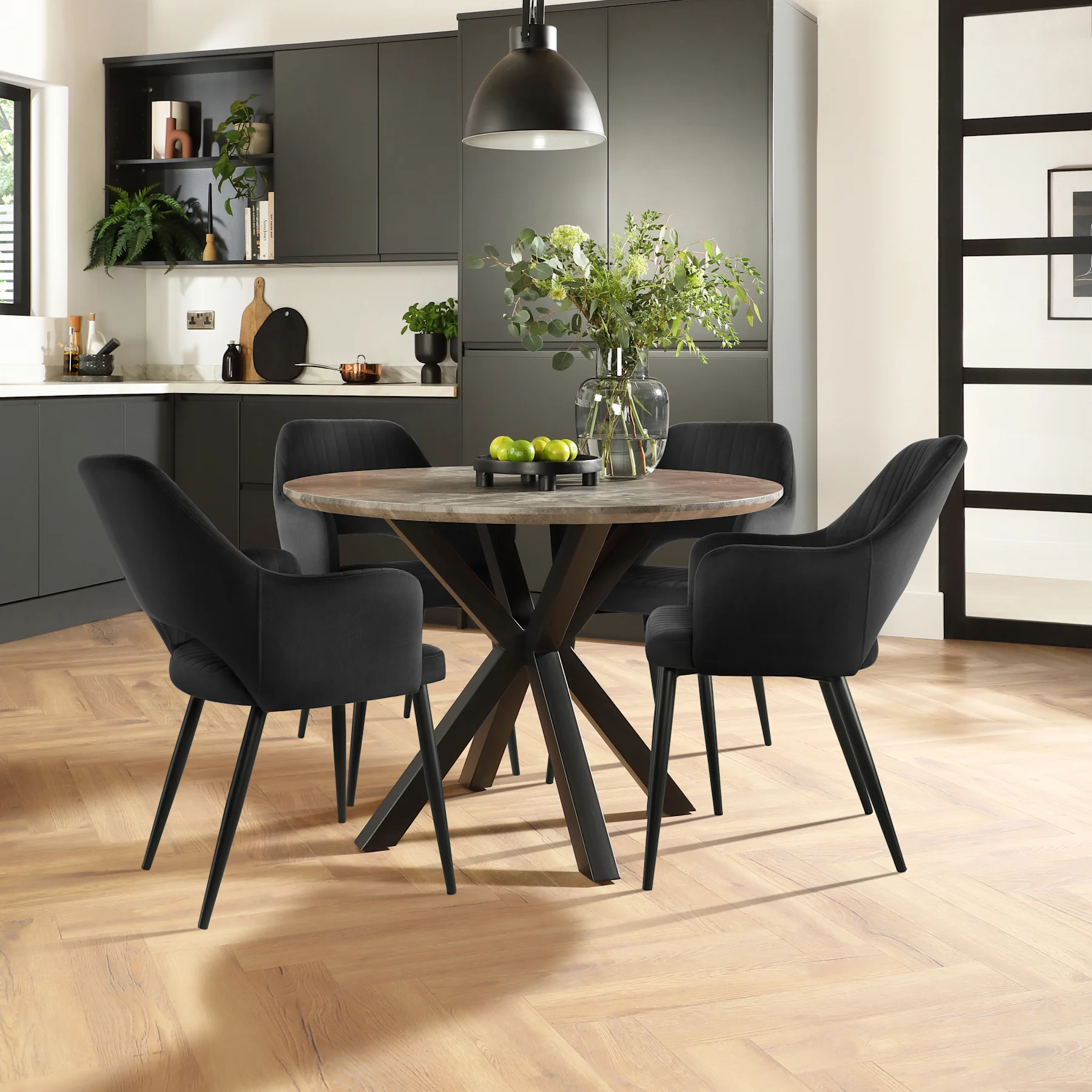 Newark Round Industrial Dining Table & 4 Clara Chairs, Grey Concrete Effect & Black Steel, Black Classic Velvet, 110cm