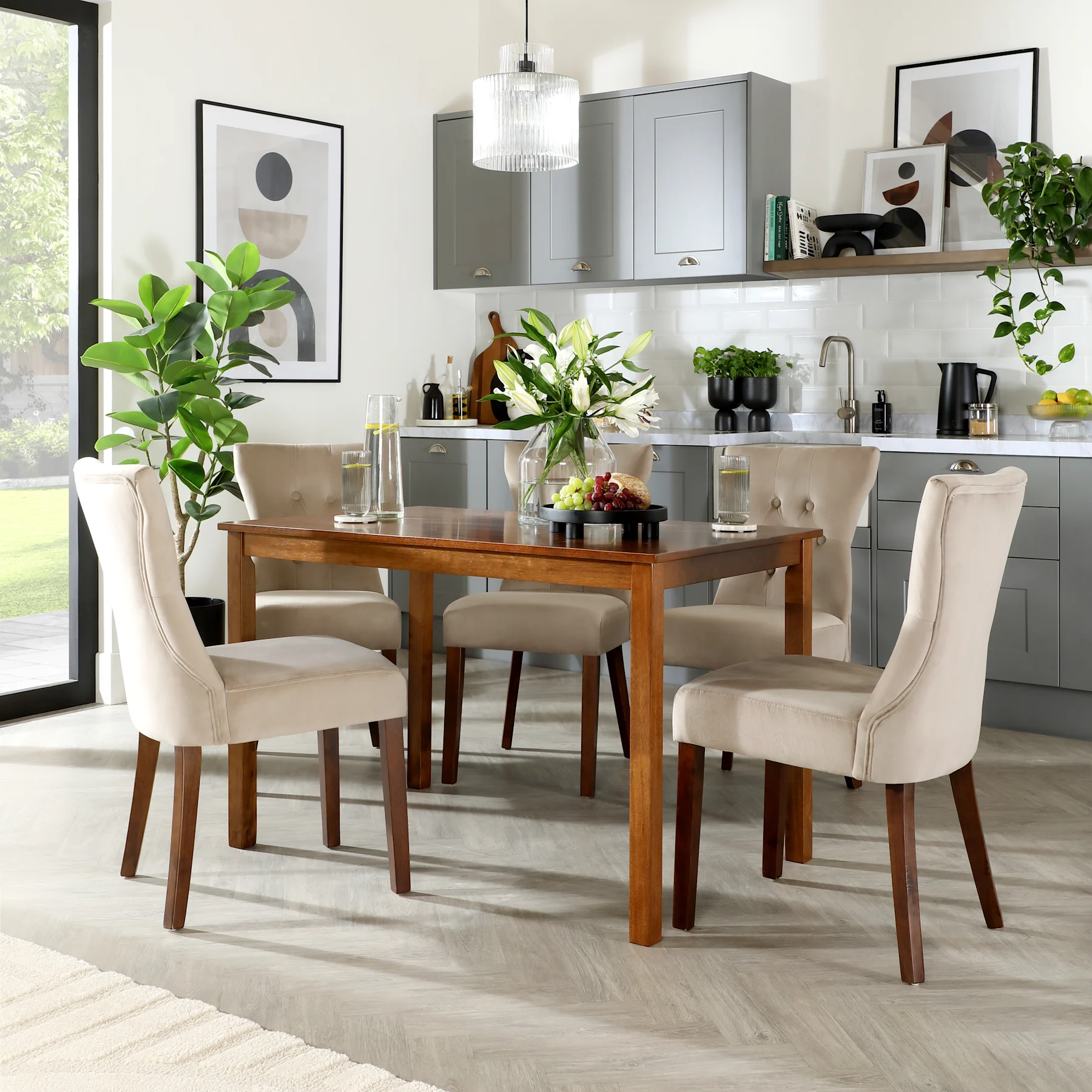 Milton Dining Table & 4 Bewley Chairs, Dark Solid Hardwood, Champagne Classic Velvet, 120cm