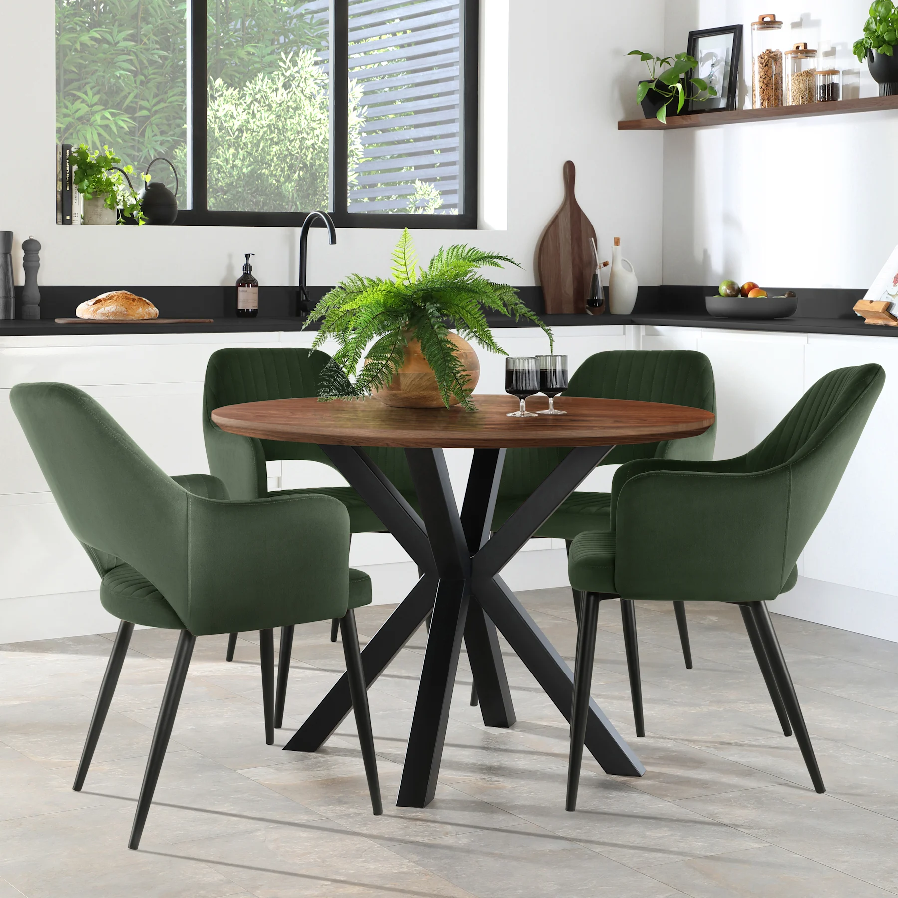 Newark Round Industrial Dining Table & 4 Clara Chairs, Walnut Effect & Black Steel, Moss Green Classic Velvet, 110cm