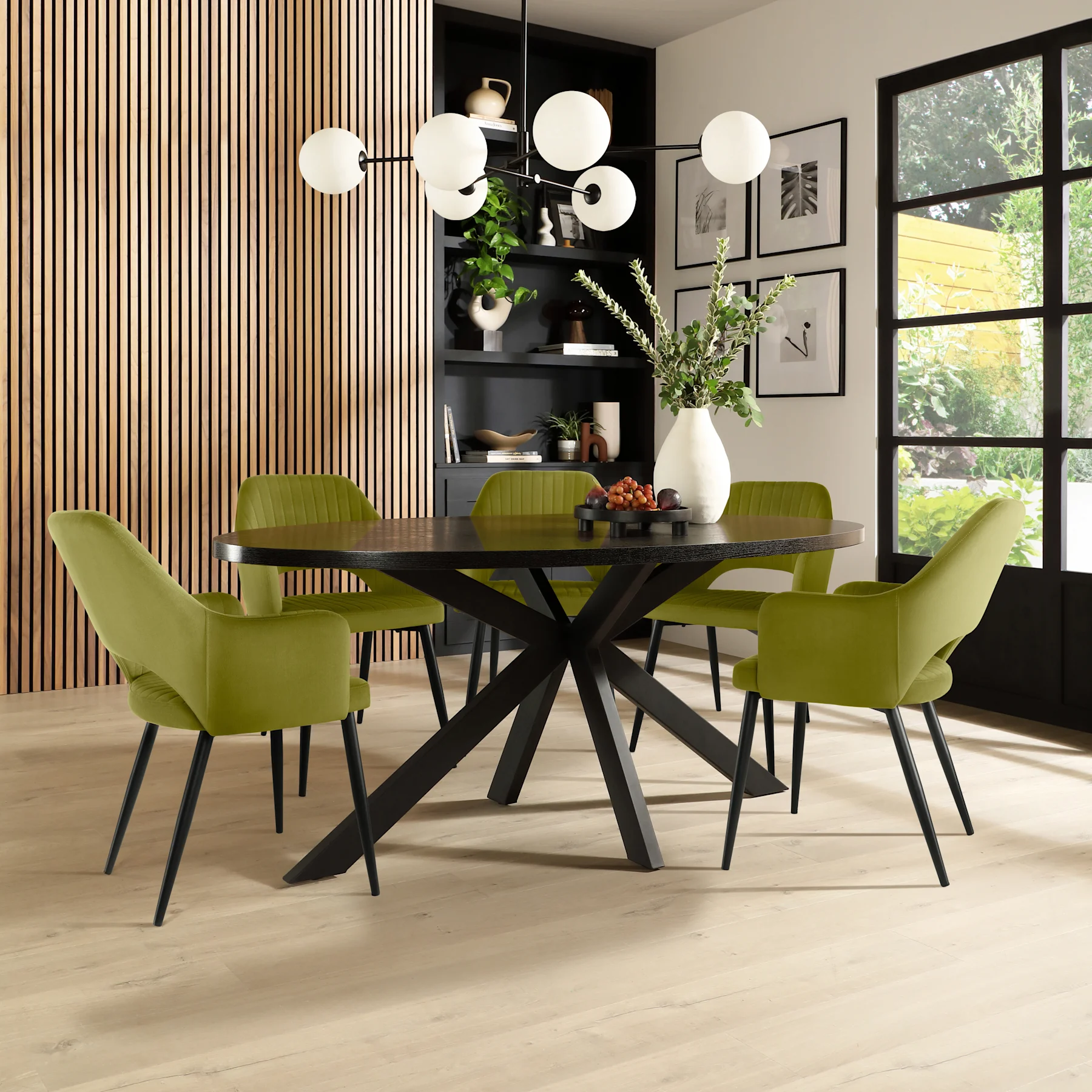 Madison Oval Dining Table & 6 Clara Chairs, Black Oak Effect & Black Steel, Olive Green Classic Velvet, 180cm