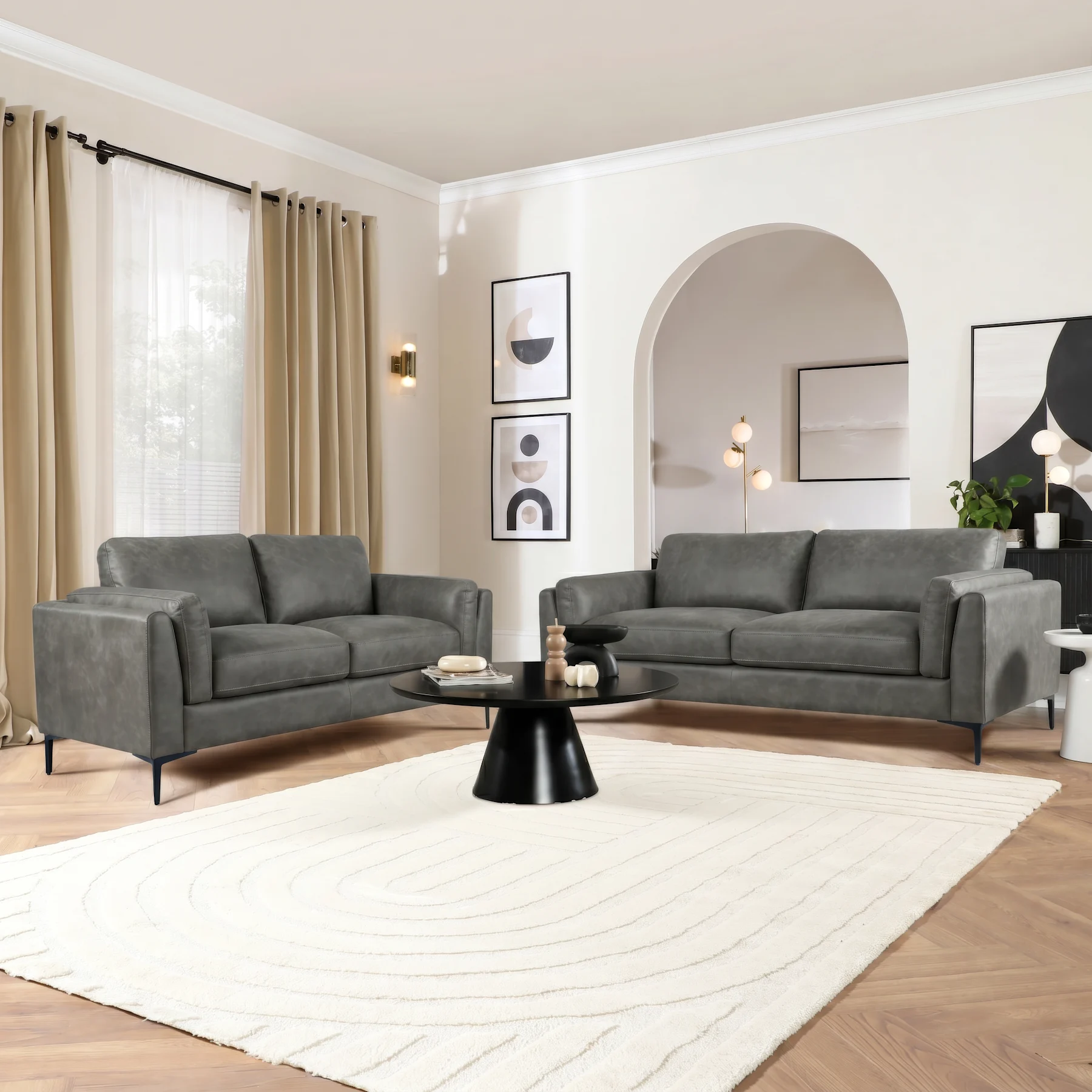 Lucia 3+2 Seater Sofa Set, Vintage Grey Premium Faux Leather
