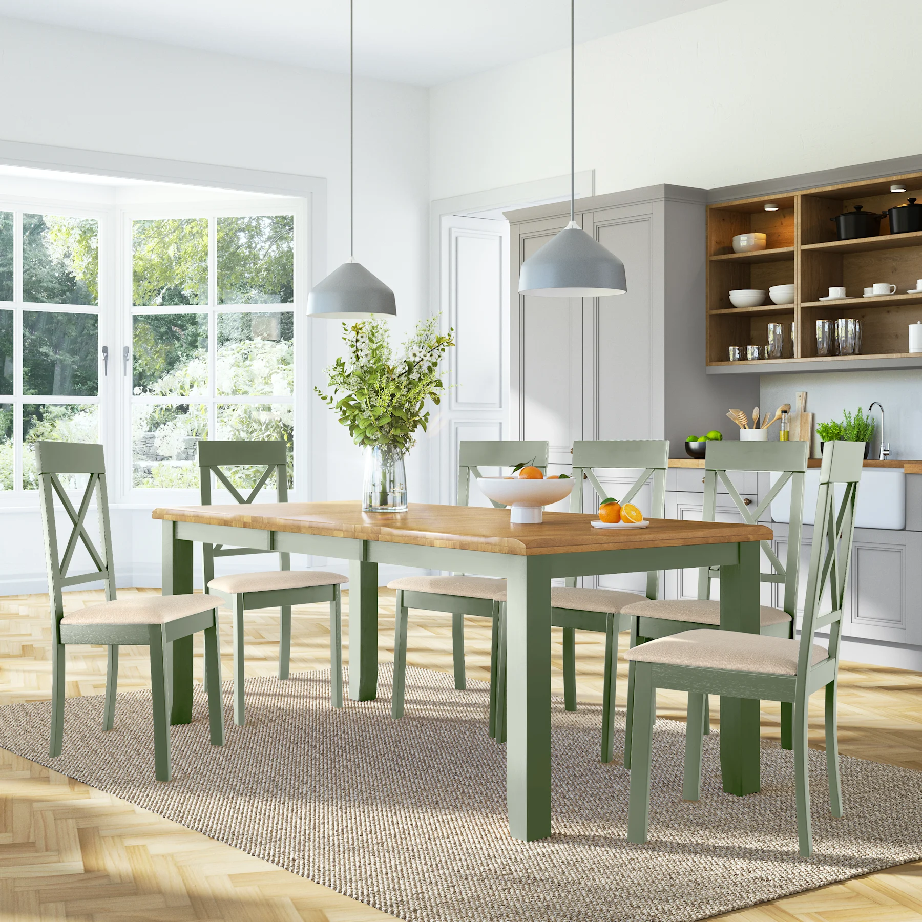 Highbury Extending Dining Table & 8 Kendal Chairs, Natural Oak Finish & Sage Green Solid Hardwood, Oatmeal Classic Linen-Weave Fabric, 150-200cm