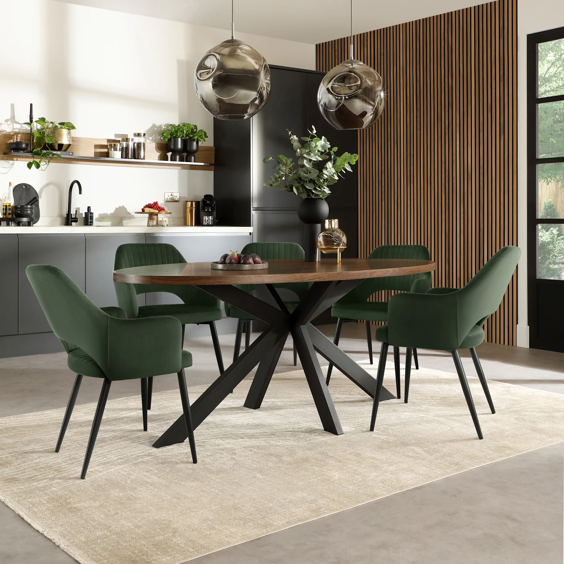 Madison Oval Industrial Dining Table & 6 Clara Chairs, Walnut Effect & Black Steel, Moss Green Classic Velvet, 180cm