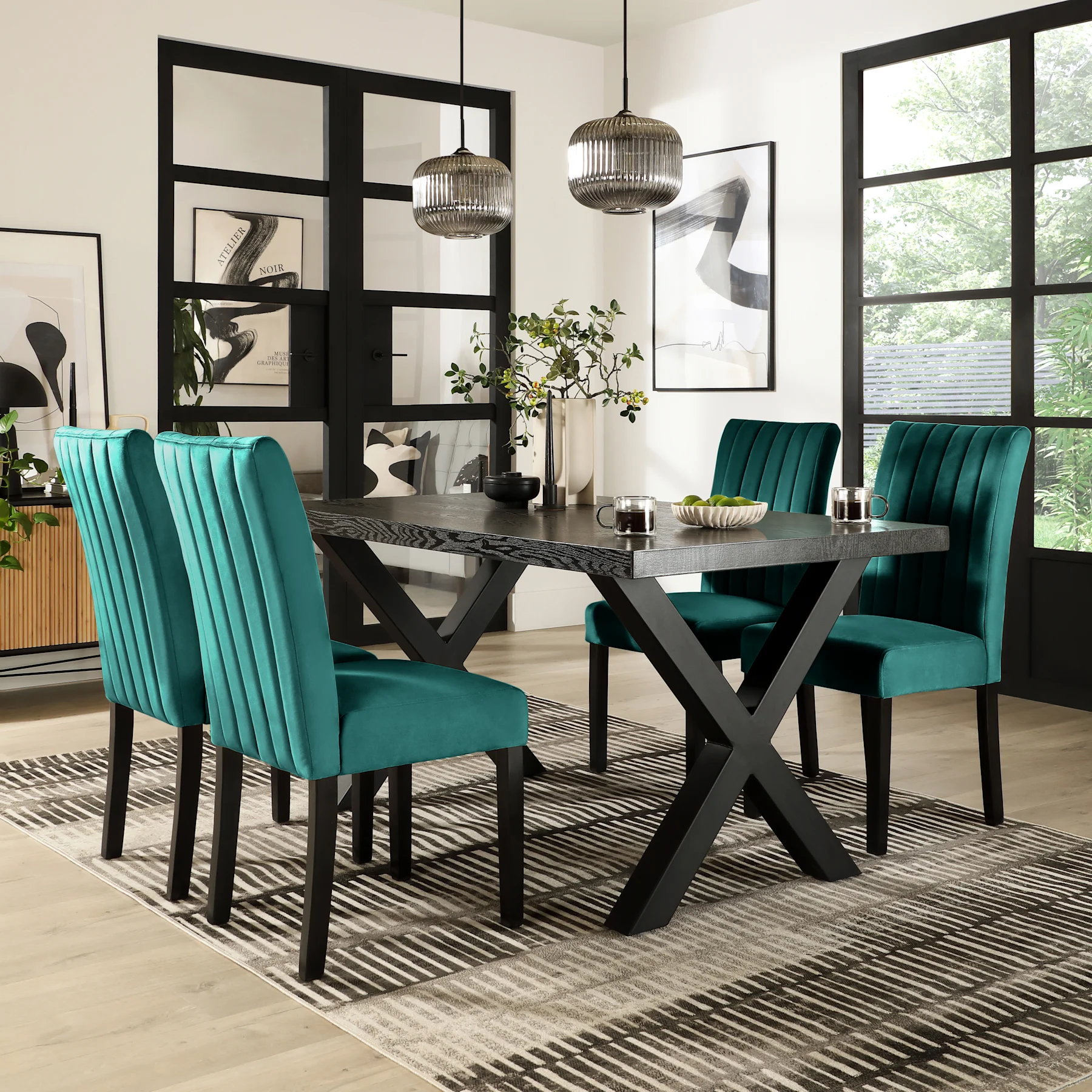 Franklin Dining Table & 4 Salisbury Chairs, Black Oak Effect & Black Steel, Teal Classic Velvet & Black Solid Hardwood, 150cm