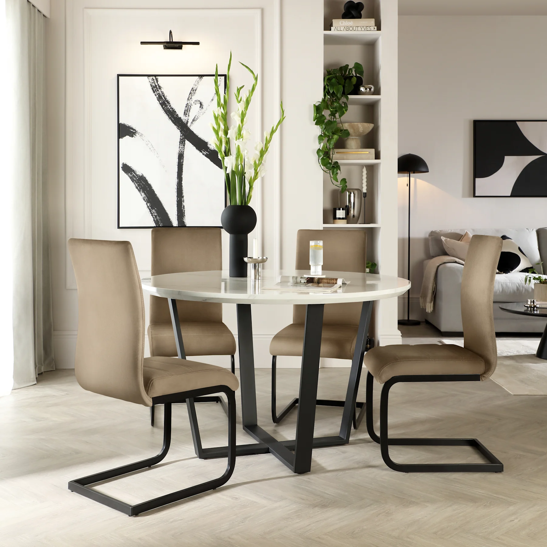 Traviso Round Dining Table & 4 Perth Chairs, White Marble Effect & Black Steel, Beige Classic Velvet, 120cm