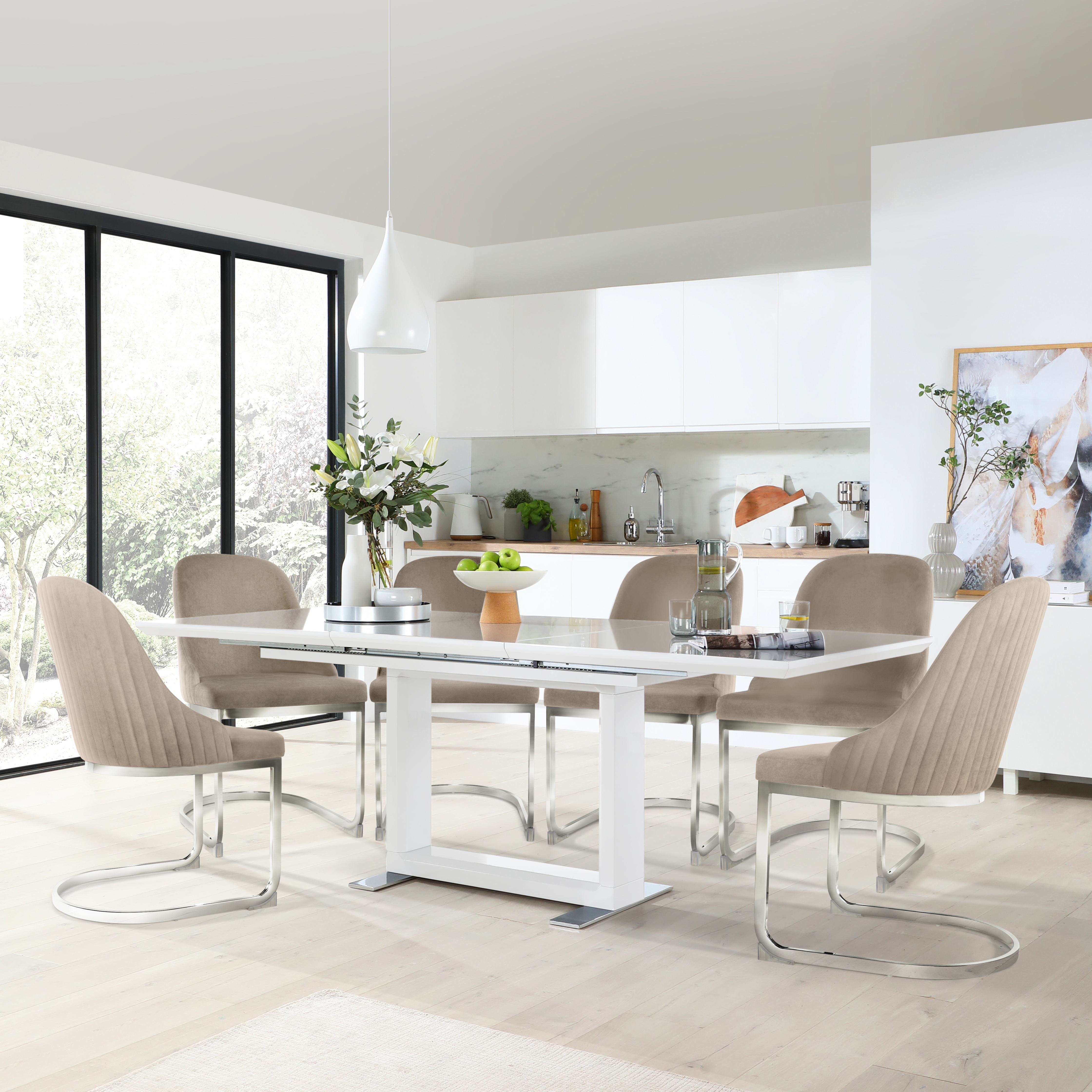 Tokyo Extending Dining Table & 8 Riva Chairs, White High