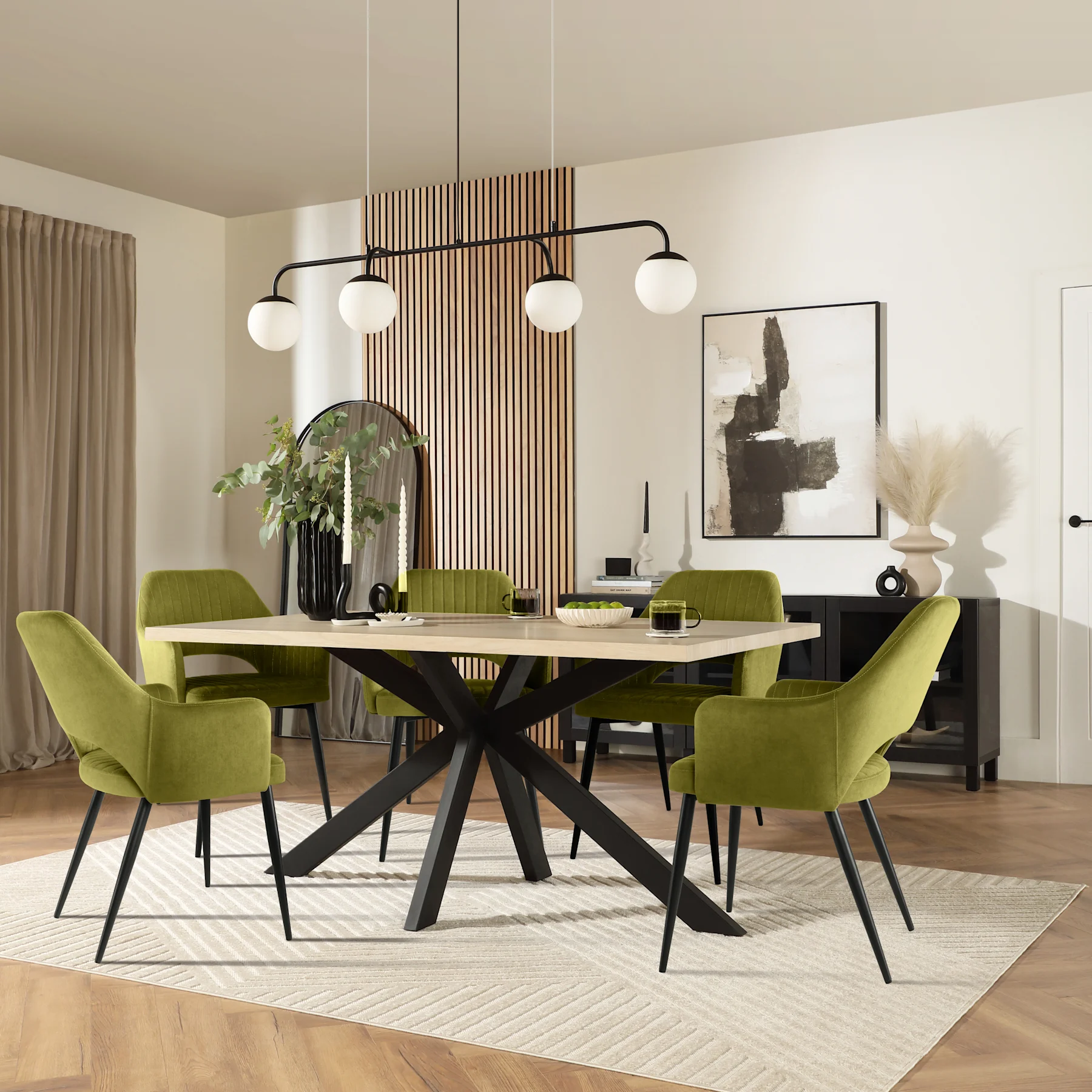 Madison Dining Table & 6 Clara Chairs, Light Oak Effect & Black Steel, Olive Green Classic Velvet, 160cm