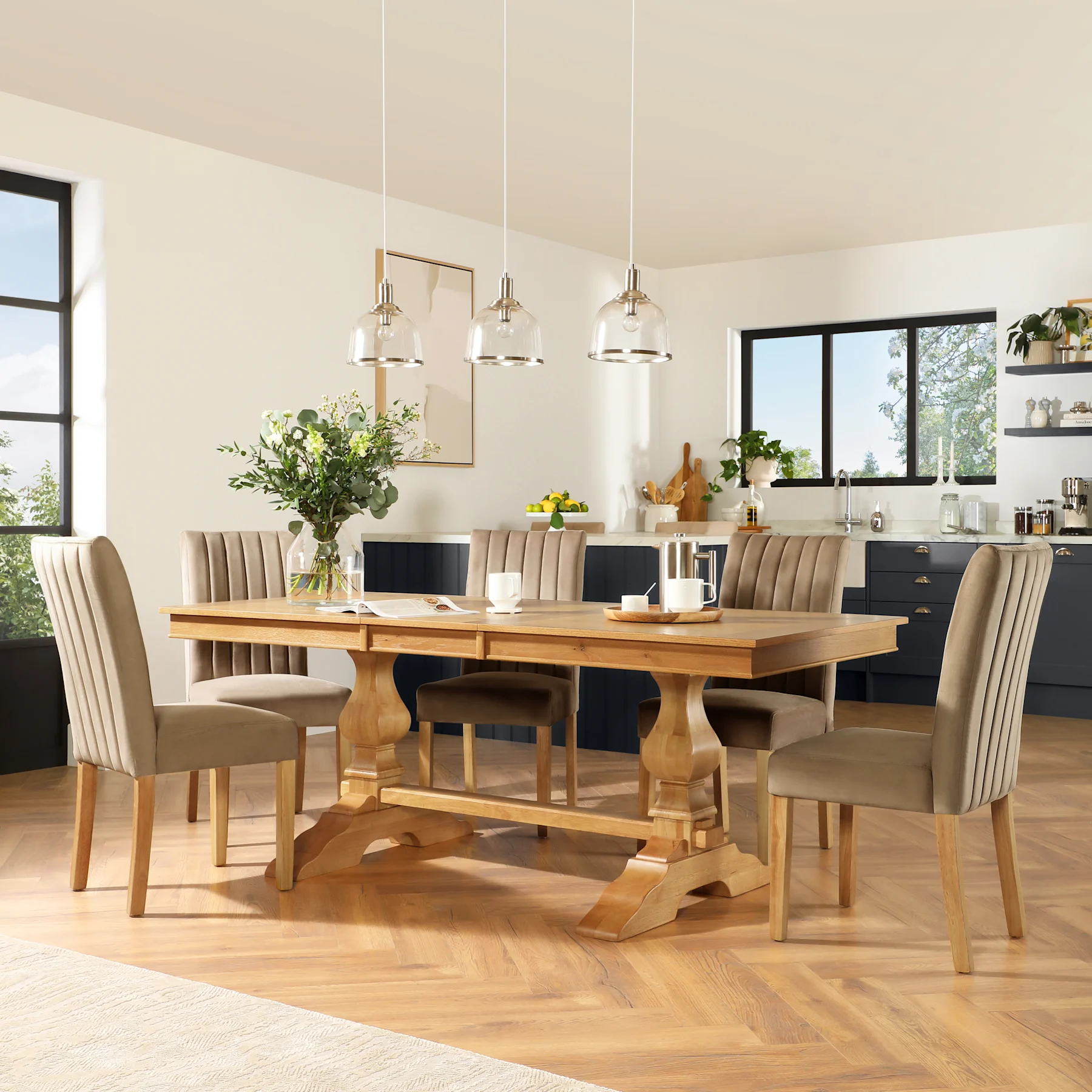 Cavendish Extending Dining Table & 6 Salisbury Chairs, Natural Oak Veneer & Solid Hardwood, Beige Classic Velvet & Natural Oak Finished Solid Hardwood, 160-200cm