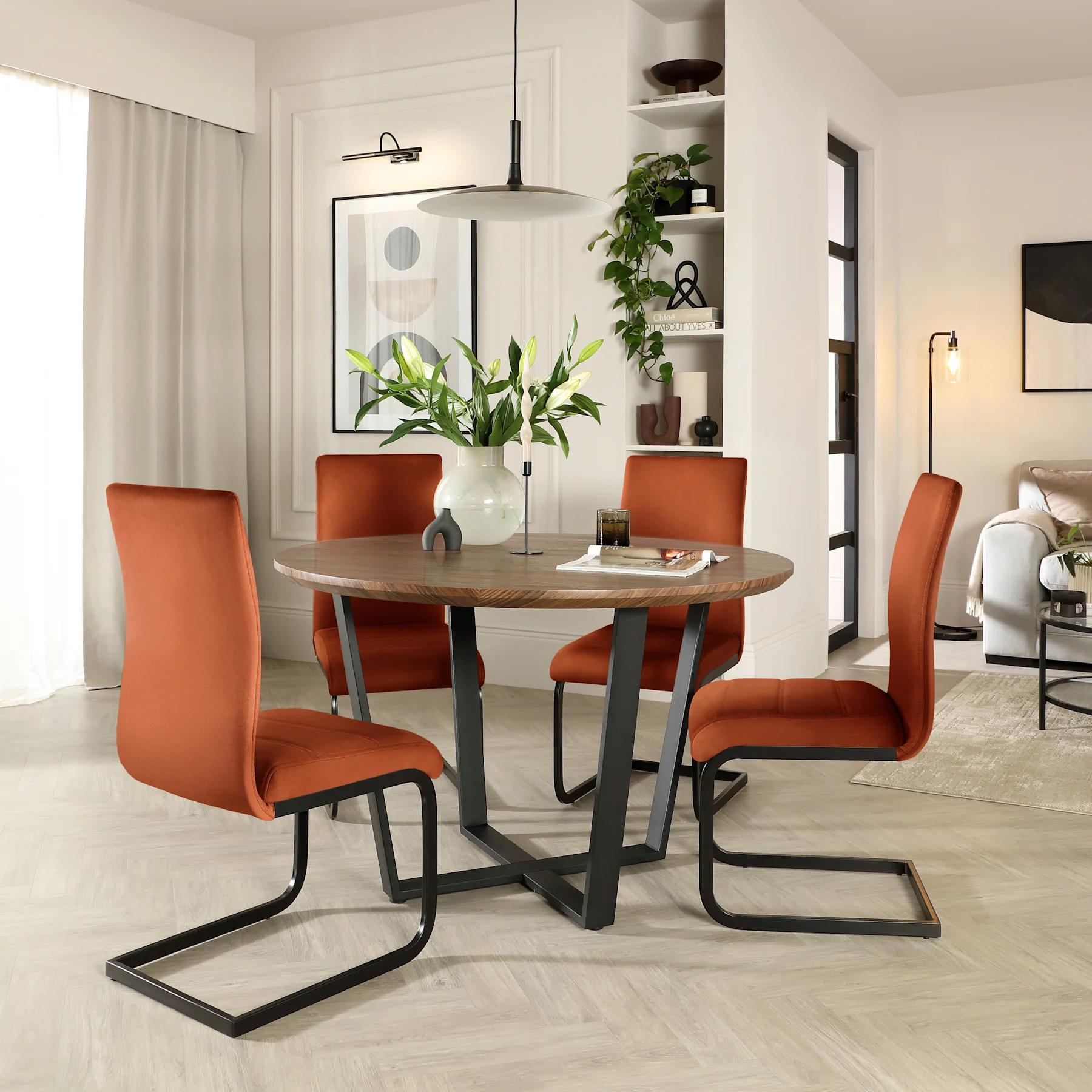 Traviso Round Industrial Dining Table & 4 Perth Chairs, Walnut Effect & Black Steel, Burnt Orange Classic Velvet, 120cm