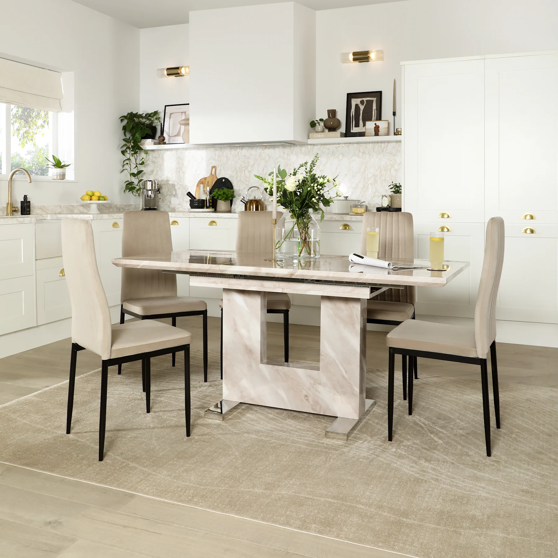 Florence Extending Dining Table & 6 Leon Chairs, Beige Marble Effect, Champagne Classic Velvet & Black Steel, 120-160cm