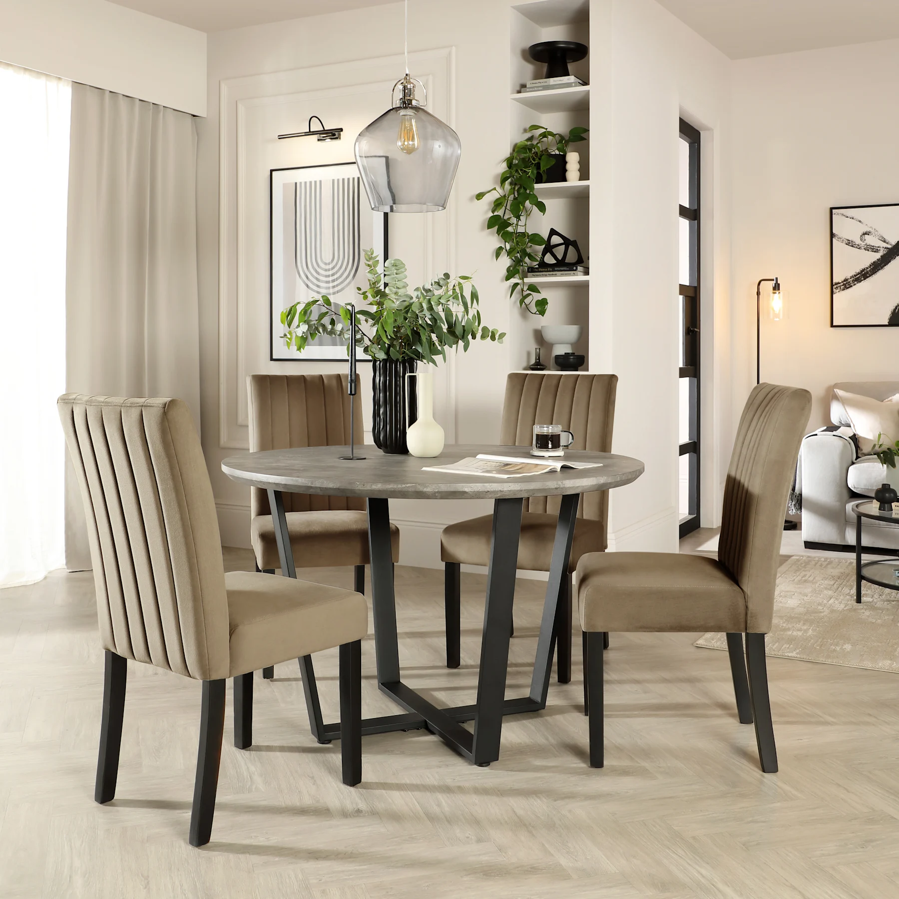 Traviso Round Dining Table & 4 Salisbury Chairs, Industrial Concrete Effect & Black Steel, Beige Classic Velvet & Black Solid Hardwood, 120cm