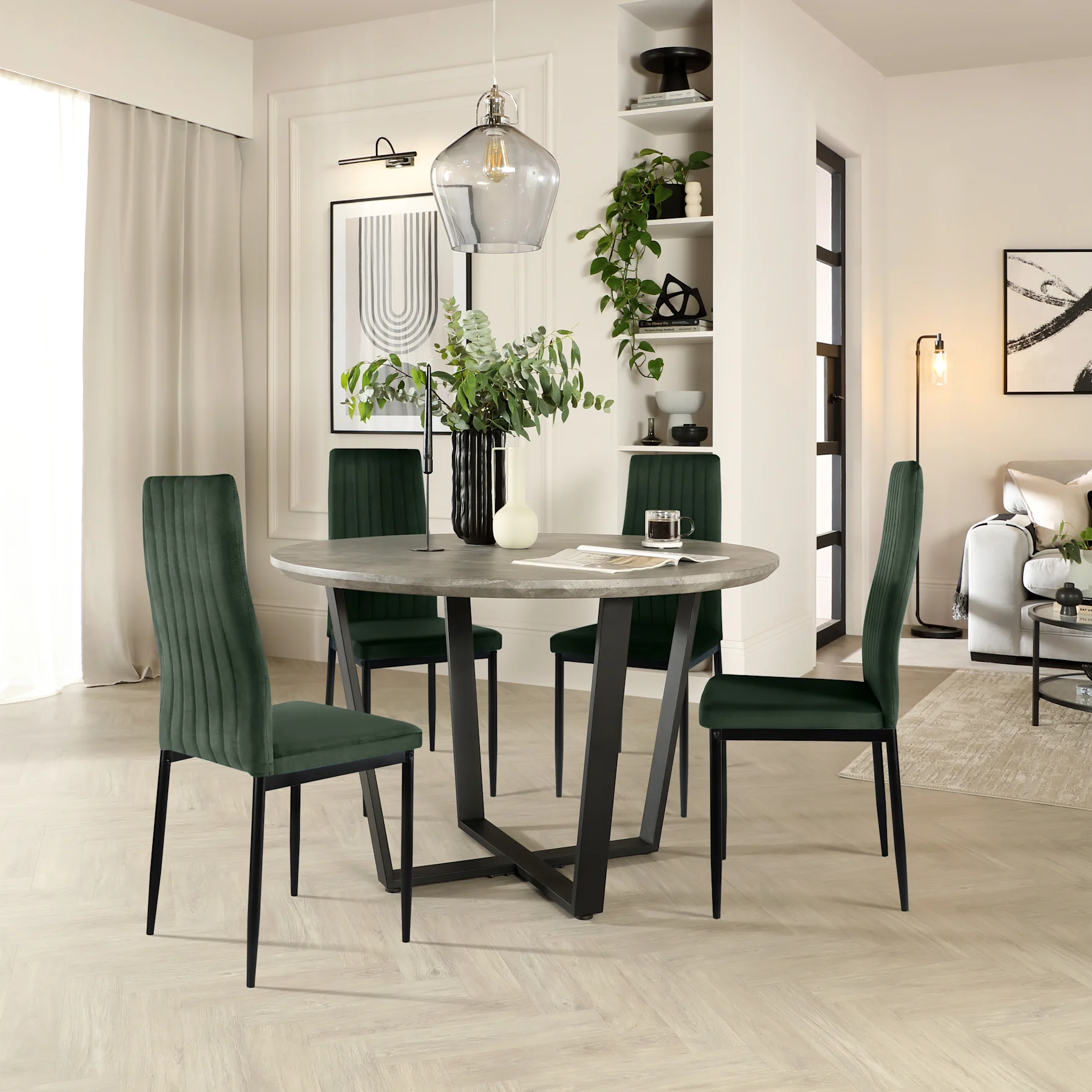 Traviso Round Industrial Dining Table & 4 Leon Chairs, Concrete Effect & Black Steel, Moss Green Classic Velvet, 120cm