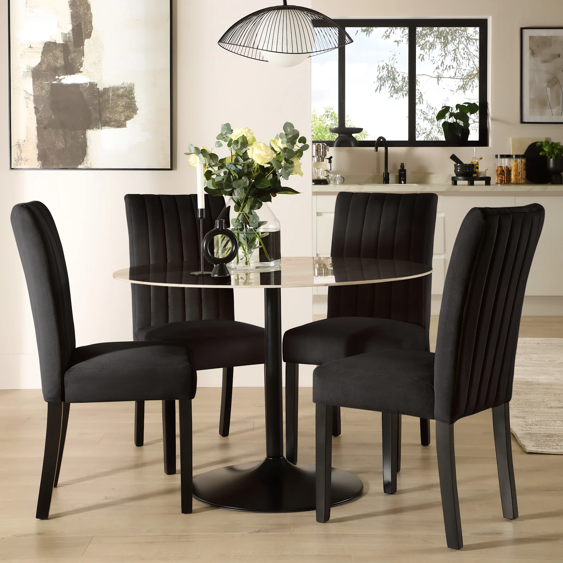 Orbit Round Dining Table & 4 Salisbury Chairs, Beige Marble Effect & Black Steel, Black Classic Velvet & Black Solid Hardwood, 110cm