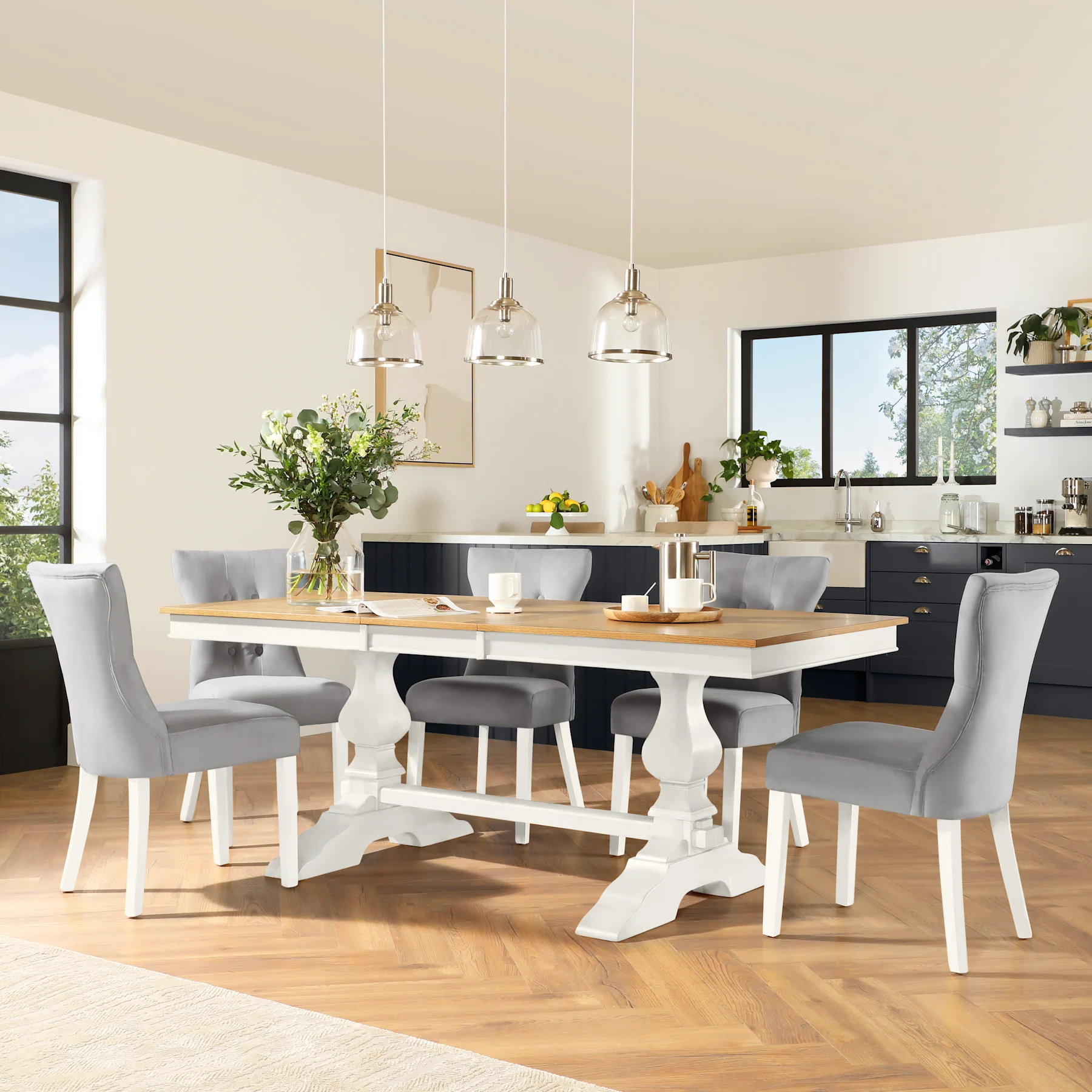 Cavendish Extending Dining Table & 8 Bewley Chairs, Natural Oak Veneer & White Solid Hardwood, Grey Classic Velvet, 150-200cm