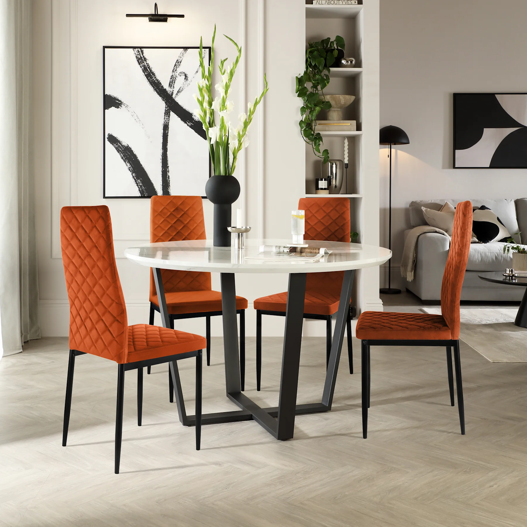 Traviso Round Dining Table & 4 Renzo Chairs, White Marble Effect & Black Steel, Burnt Orange Classic Velvet, 120cm