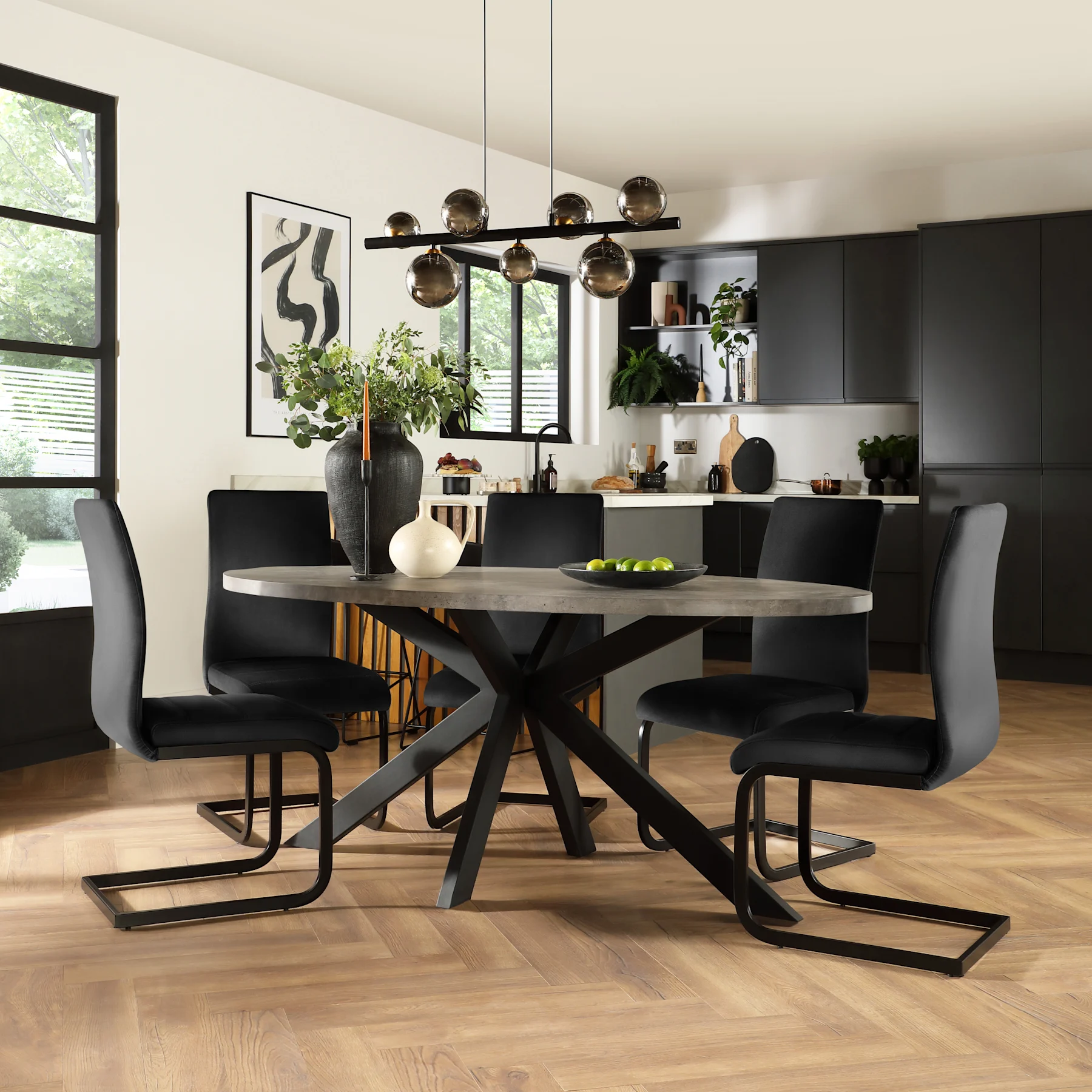 Madison Oval Industrial Dining Table & 6 Perth Chairs, Grey Concrete Effect & Black Steel, Black Classic Velvet, 180cm