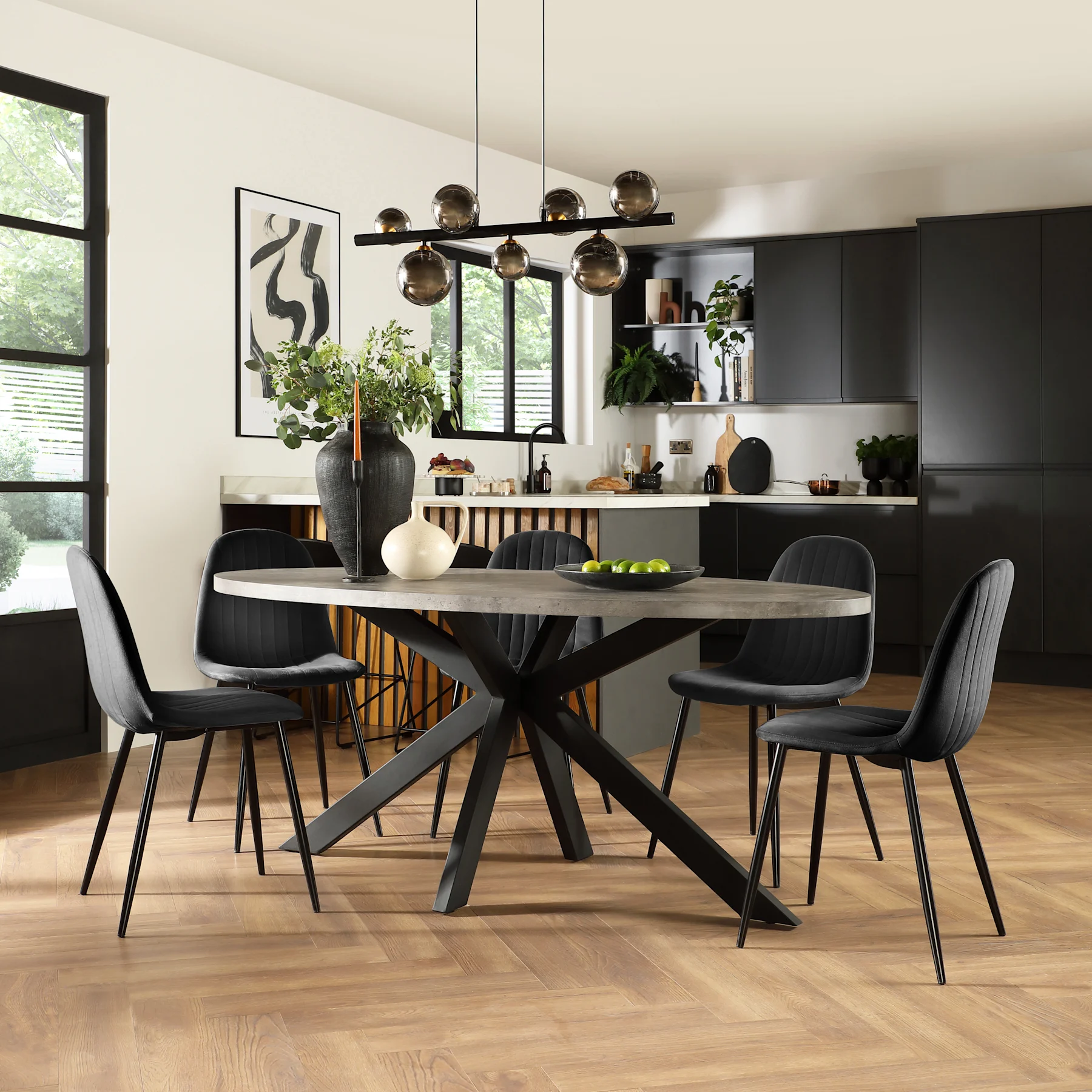 Madison Oval Industrial Dining Table & 4 Brooklyn Chairs, Grey Concrete Effect & Black Steel, Black Classic Velvet, 180cm