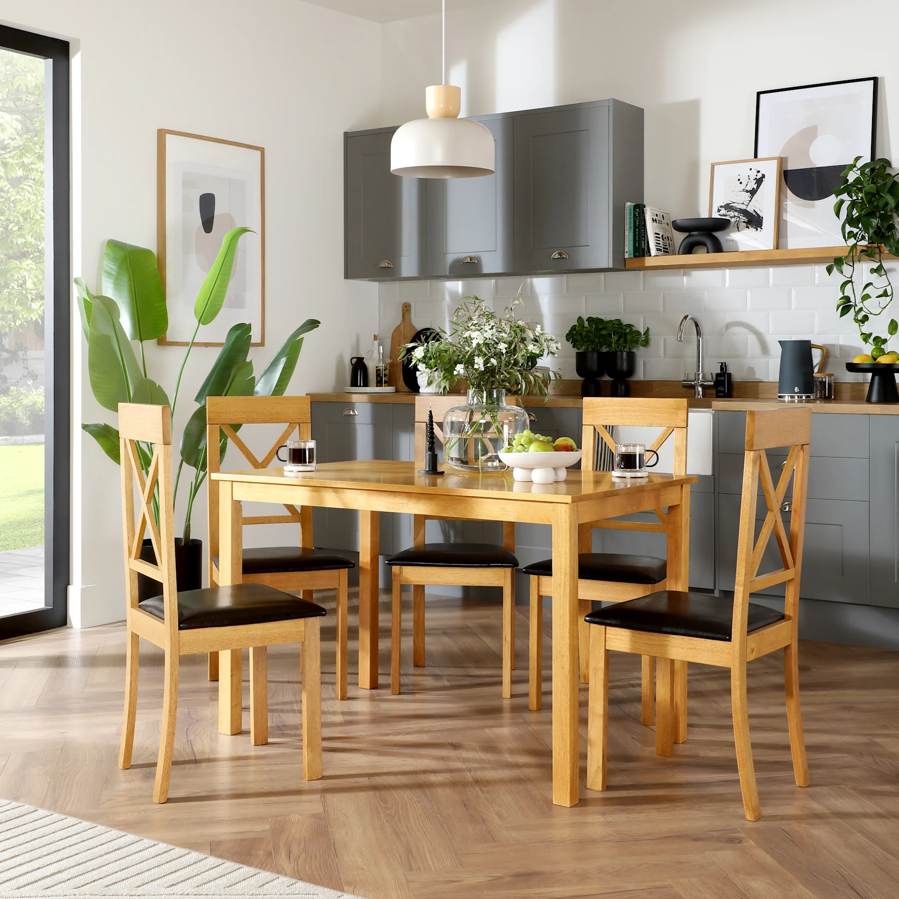 Milton Dining Table & 6 Kendal Chairs, Natural Oak Finished Solid Hardwood, Brown Classic Faux Leather, 120cm